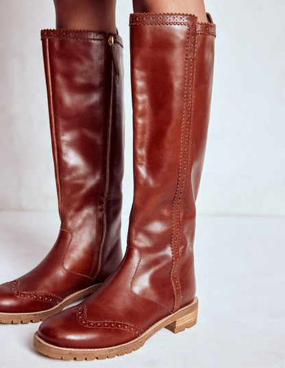 Brogue Detail Knee Boots-Tan-3