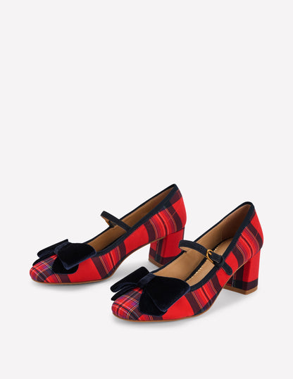 Embellished Bow Block Heels-Red Tartan-4