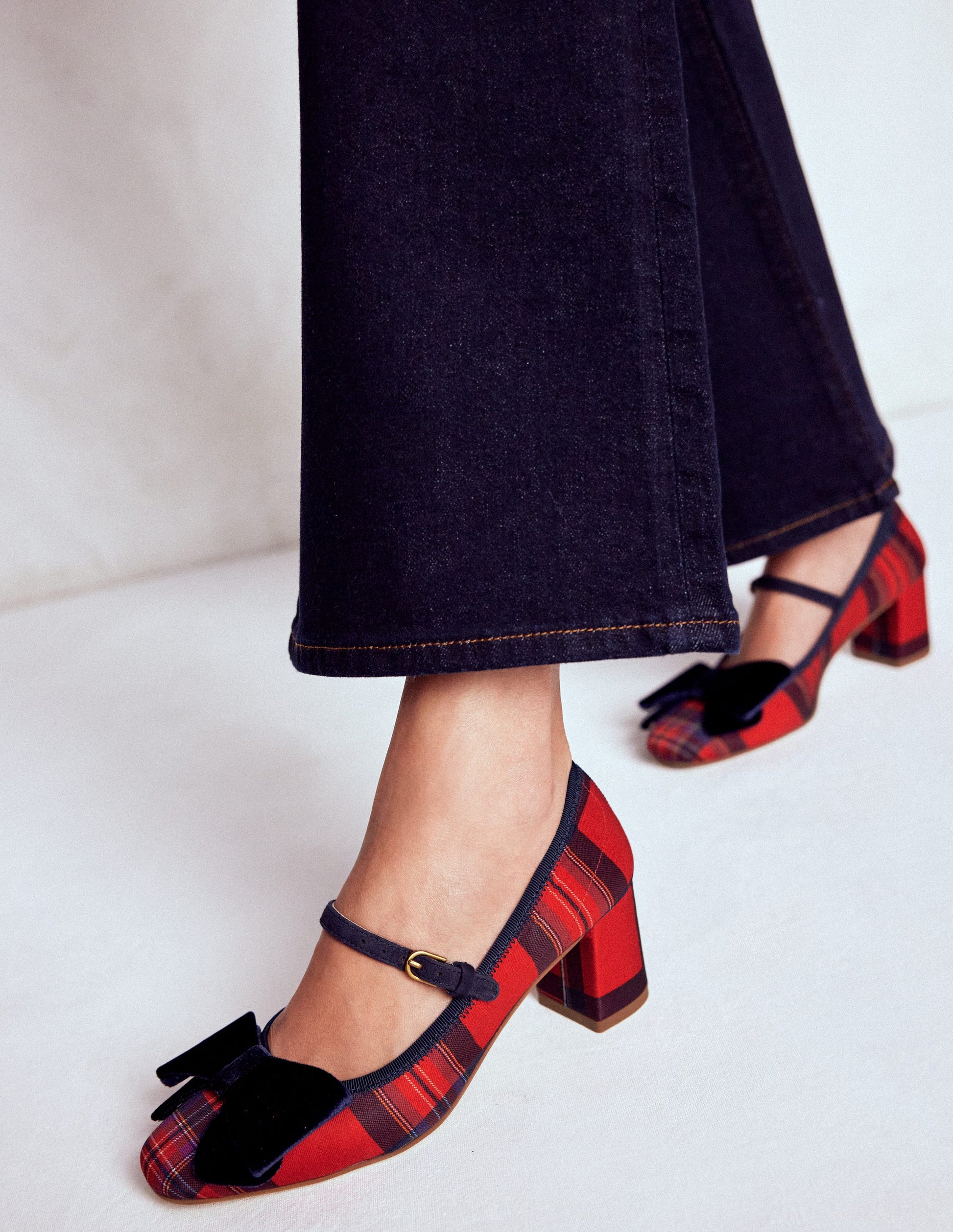 Embellished Bow Block Heels-Red Tartan-3