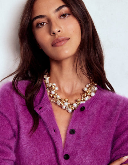 Beaded Jewel Necklace-Gold Colour/Faux Pearl-2