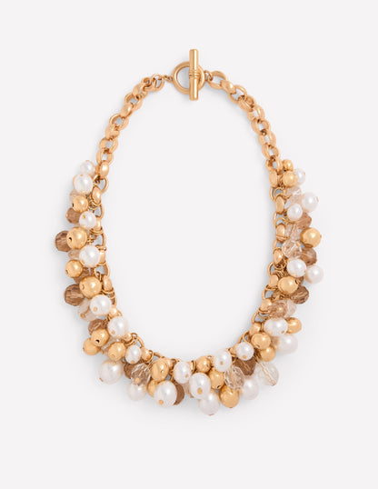 Beaded Jewel Necklace-Gold Colour/Faux Pearl-1