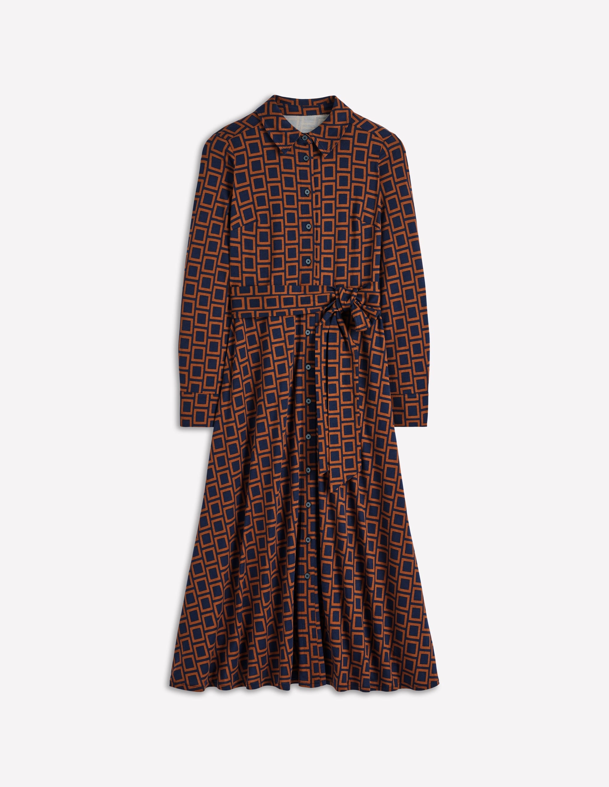 Marcia Jersey Shirt Dress-French Navy, Square Geometric - Image 6