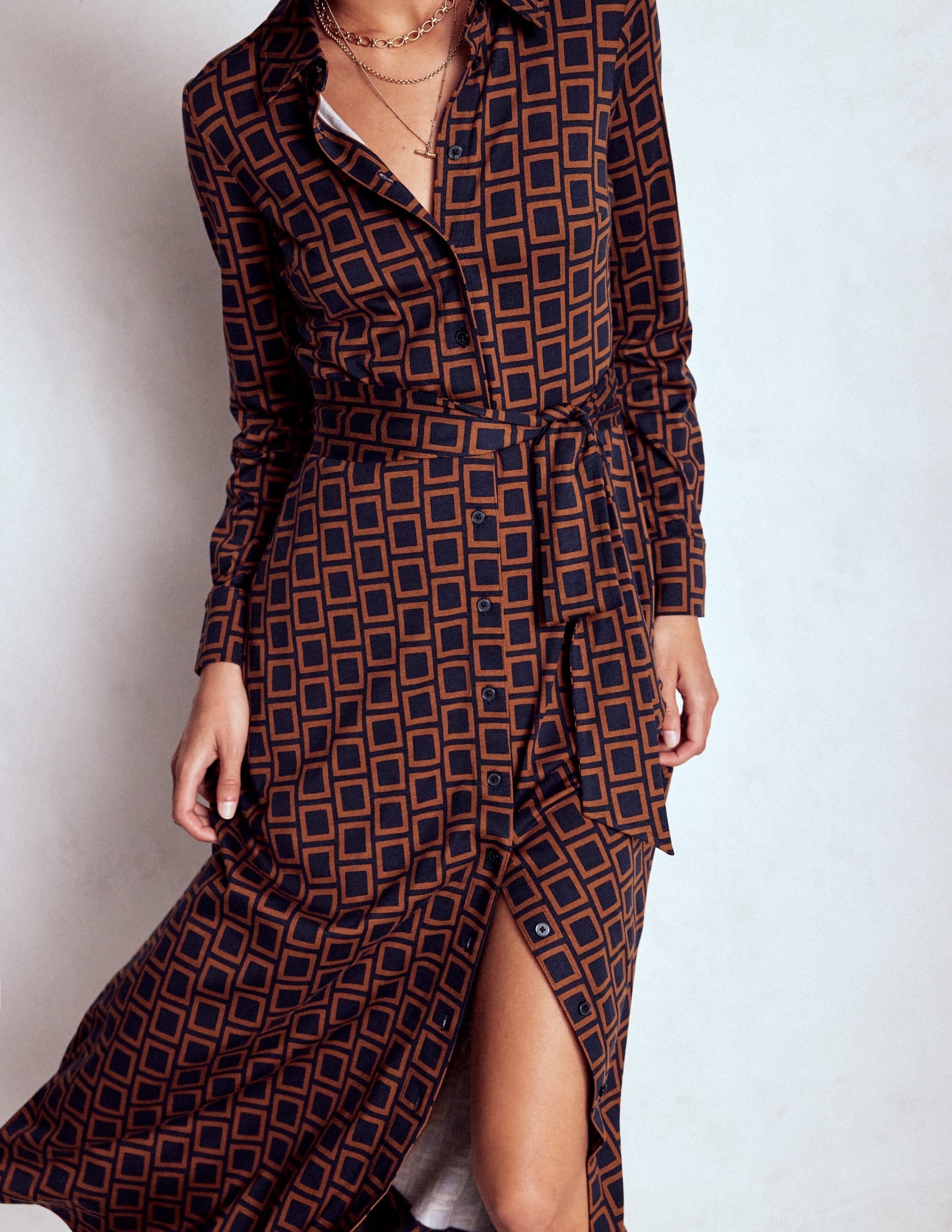 Marcia Jersey Shirt Dress-French Navy, Square Geometric - Image 2