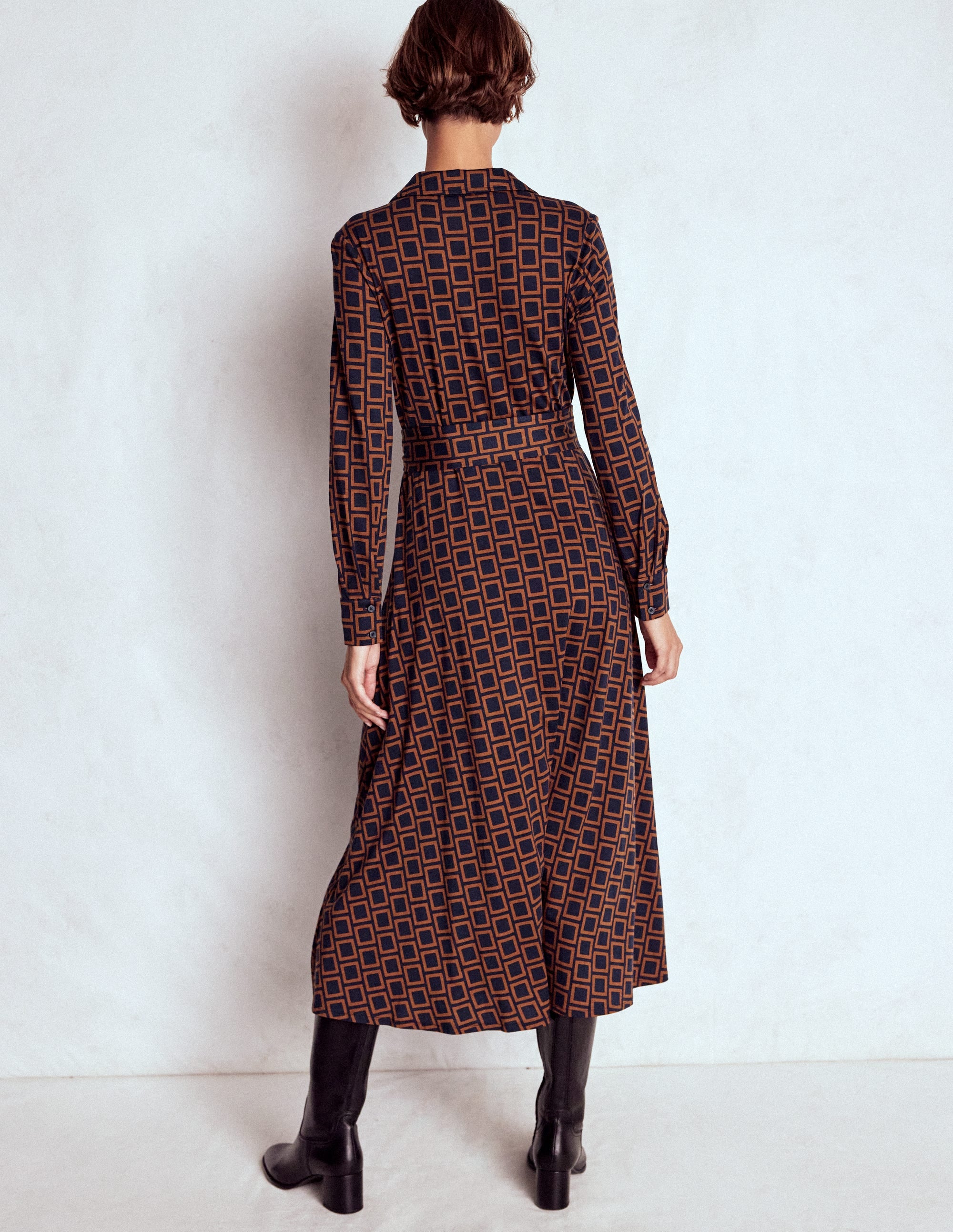 Marcia Jersey Shirt Dress-French Navy, Square Geometric - Image 3