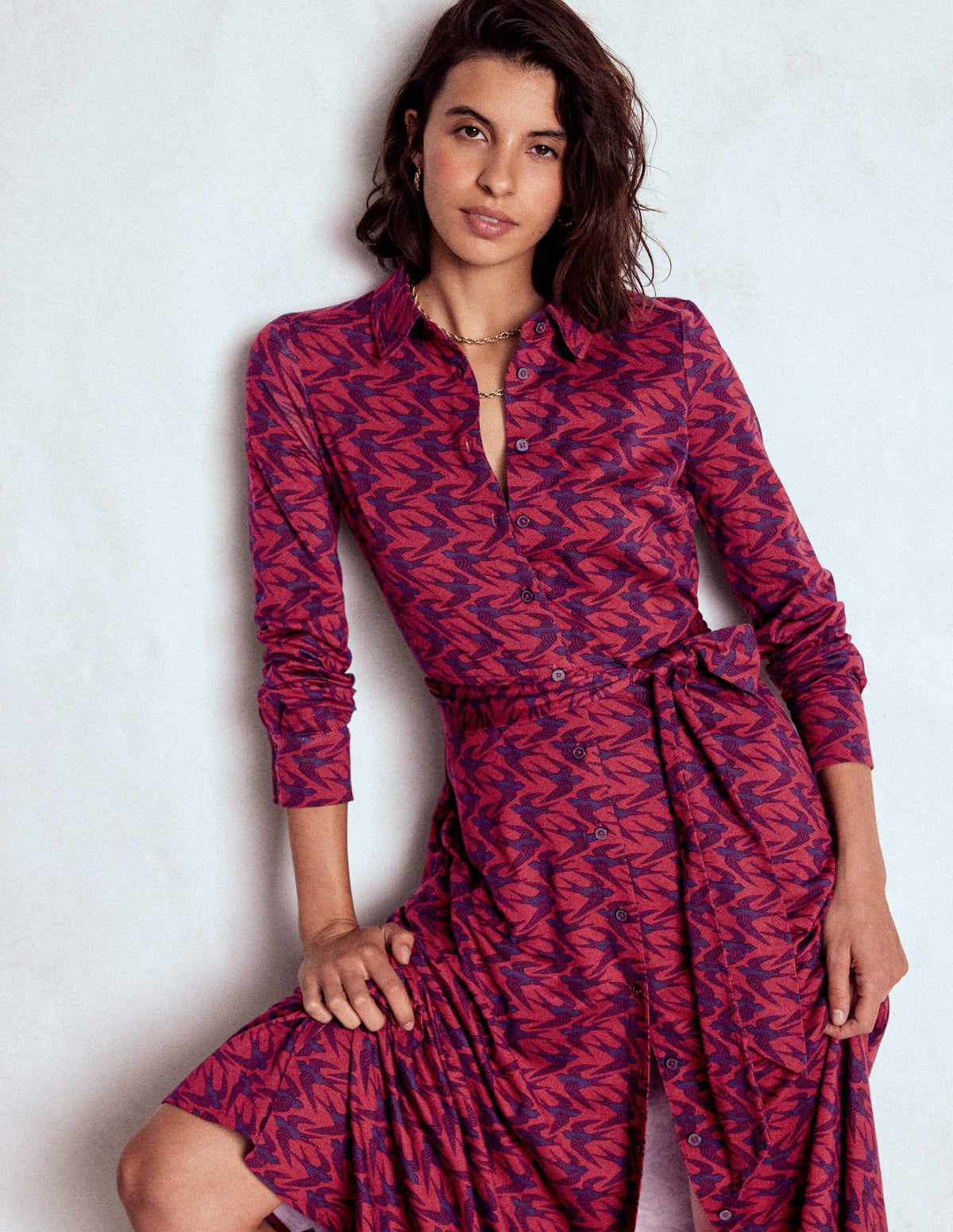 Marcia Jersey Shirt Dress - Burgundy Red, Swooping Swallow