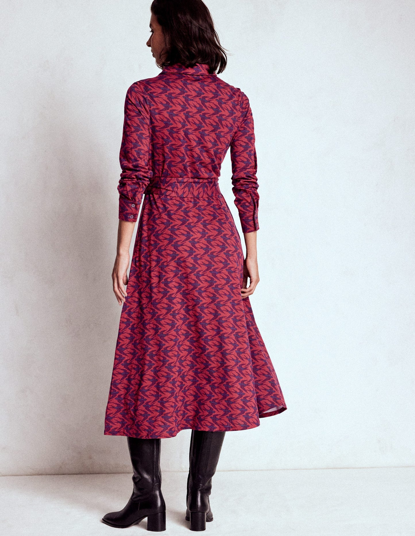 Marcia Jersey Shirt Dress-Burgundy Red, Swooping Swallow