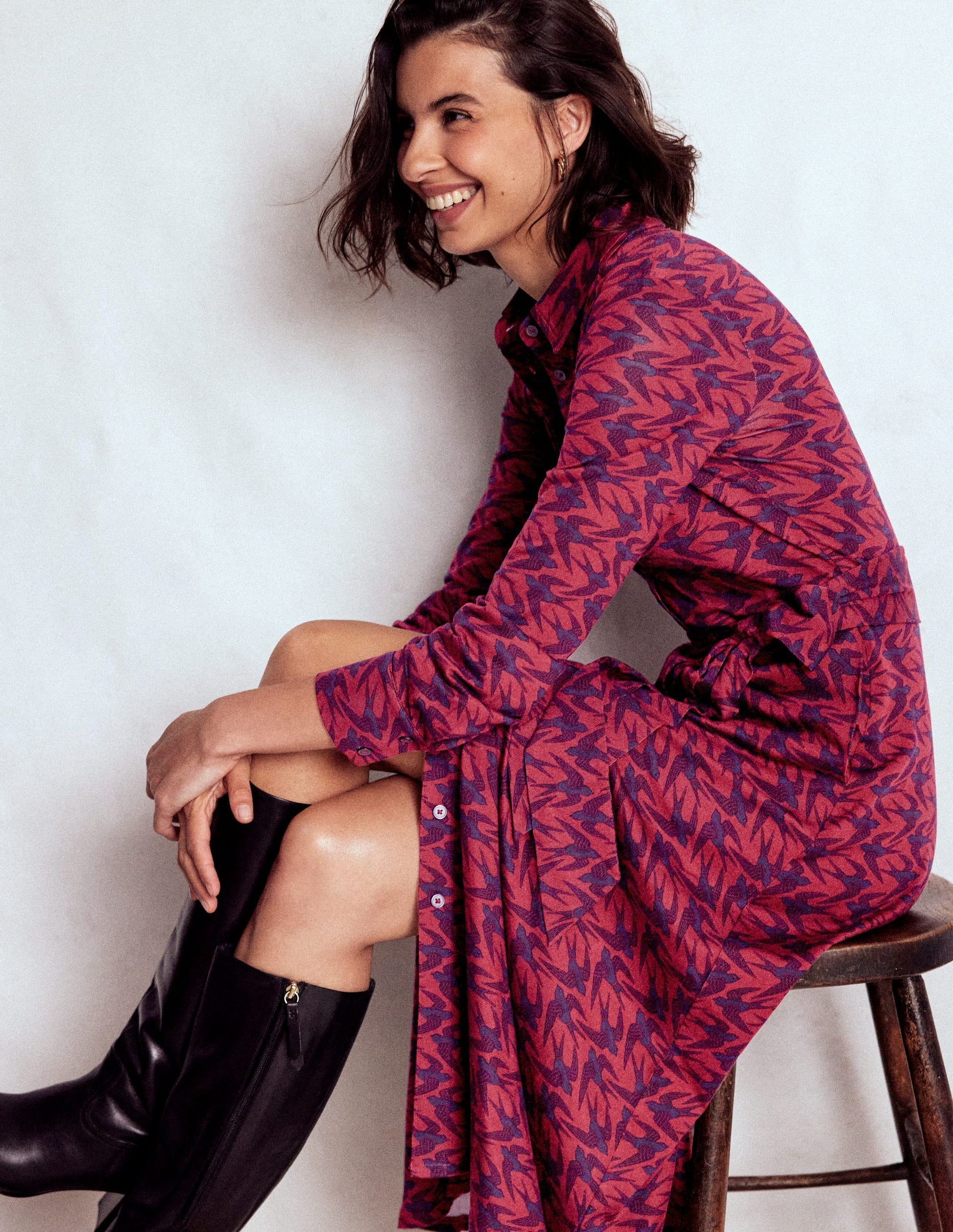 Marcia Jersey Shirt Dress-Burgundy Red, Swooping Swallow-5