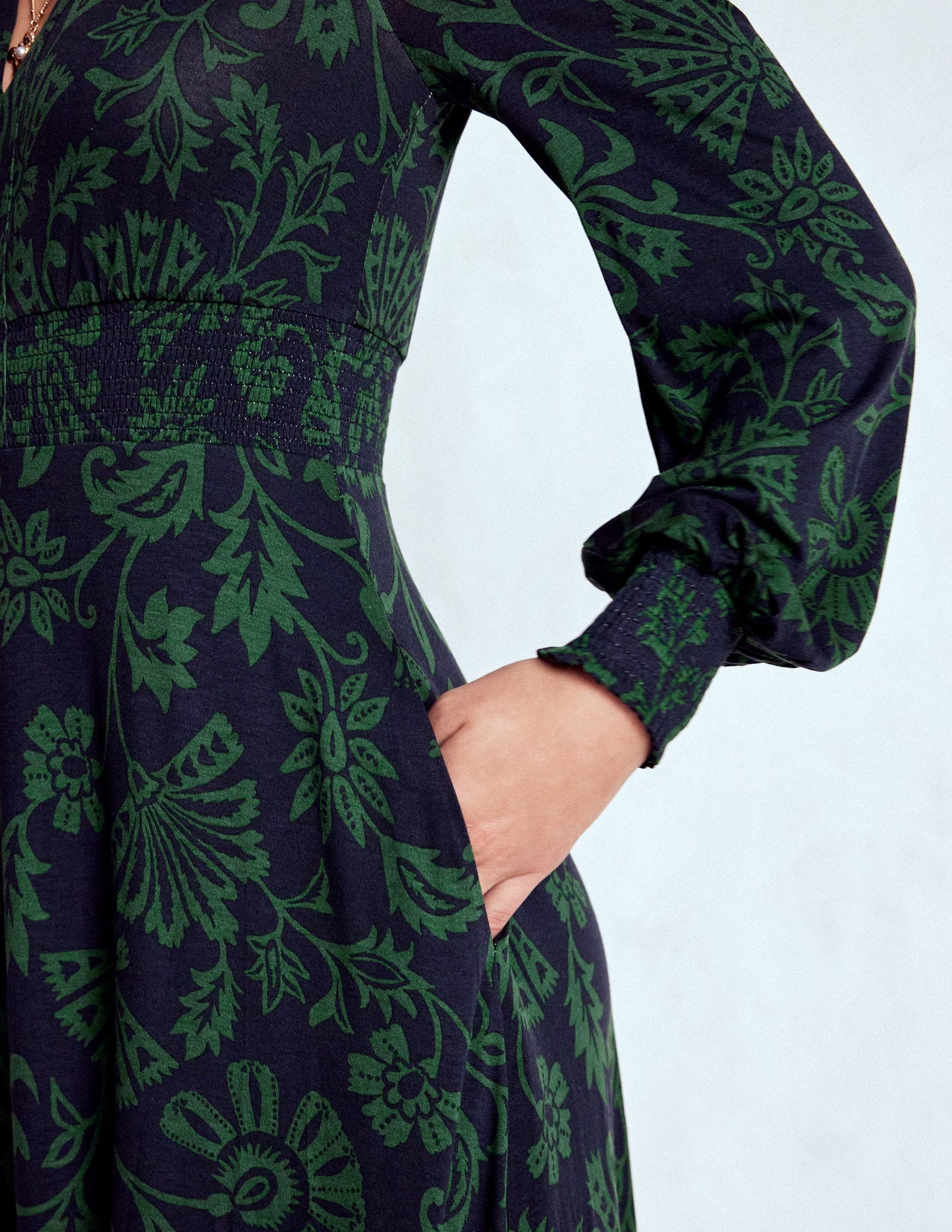 Ivy Smocked Midi Dress-Dark Navy, Elaborate Vine