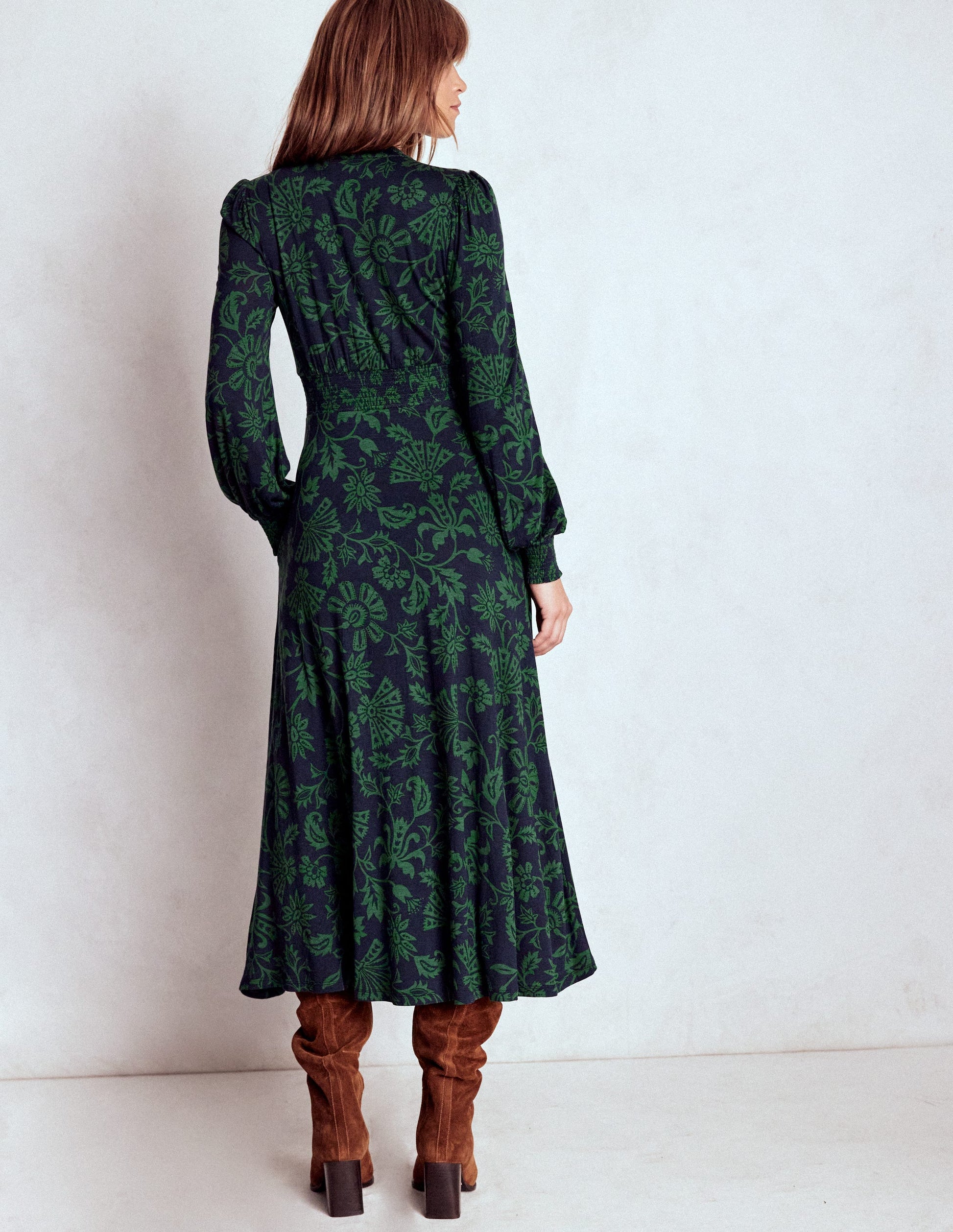 Ivy Smocked Midi Dress-Dark Navy, Elaborate Vine-3