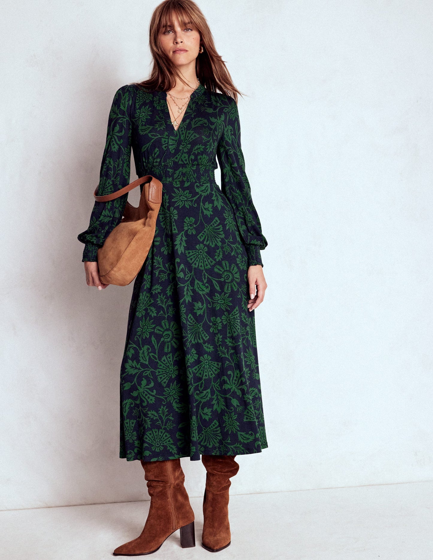 Ivy Smocked Midi Dress-Dark Navy, Elaborate Vine