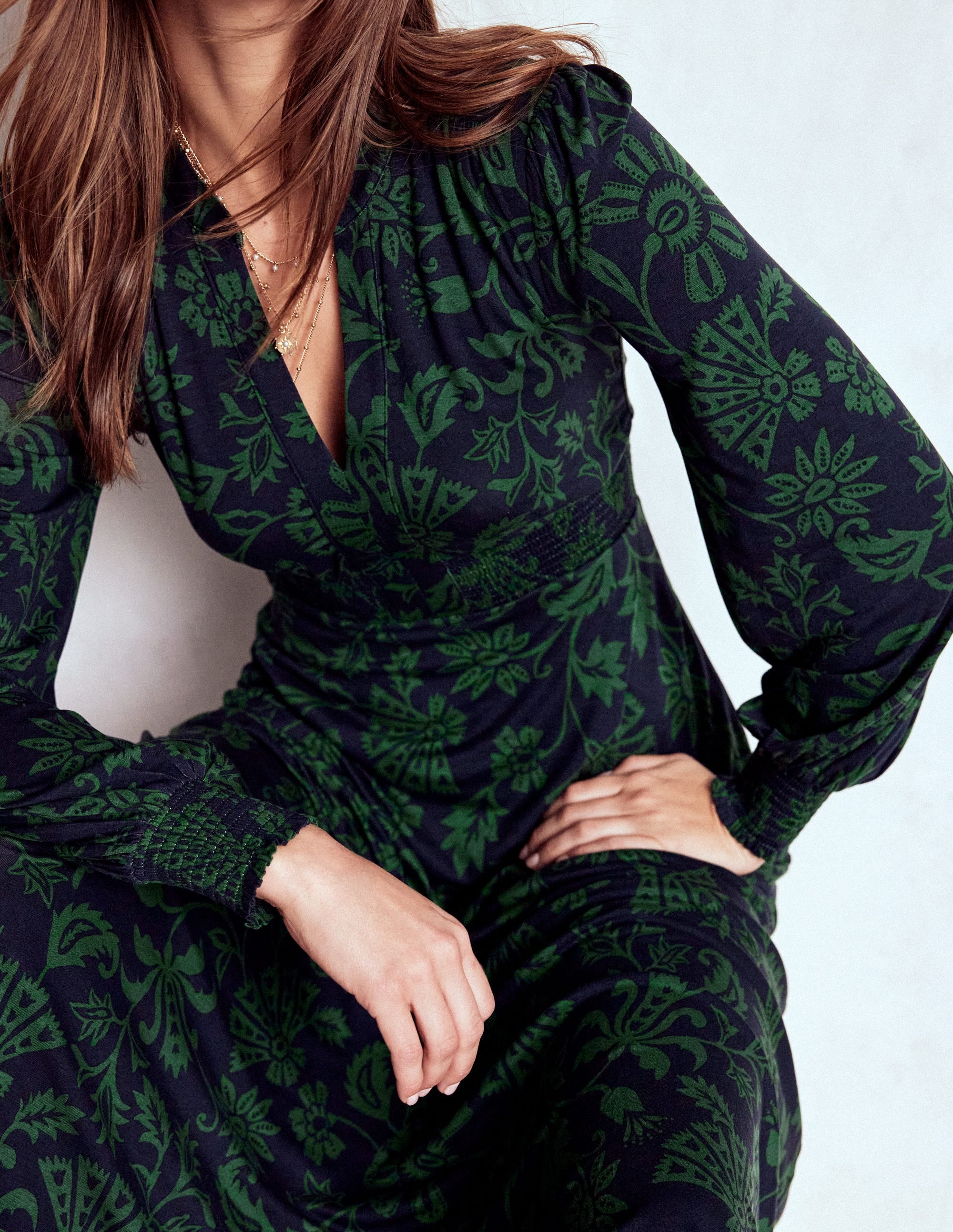 Ivy Smocked Midi Dress-Dark Navy, Elaborate Vine | Boden UK