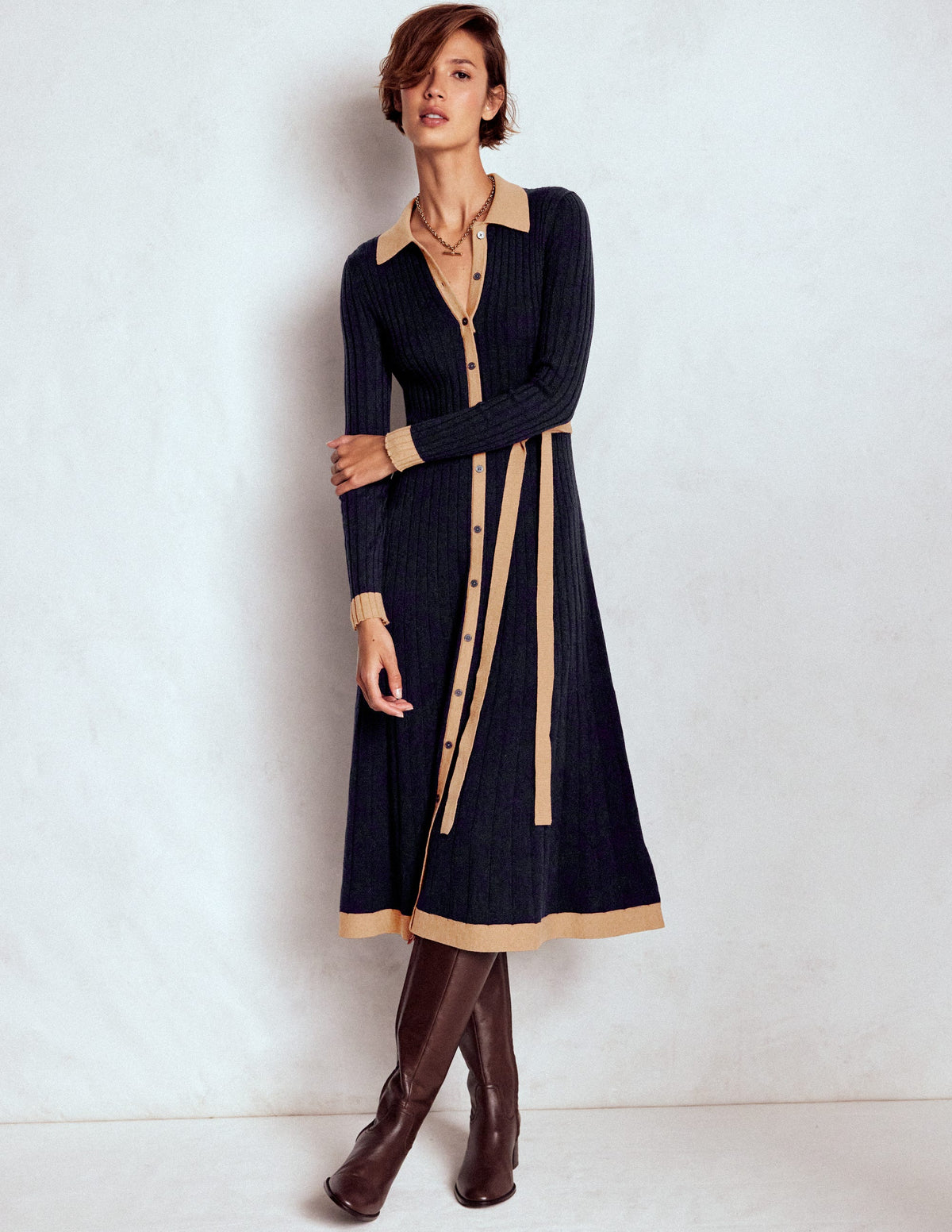 Rachel Knitted Shirt Dress-Navy - Image 1