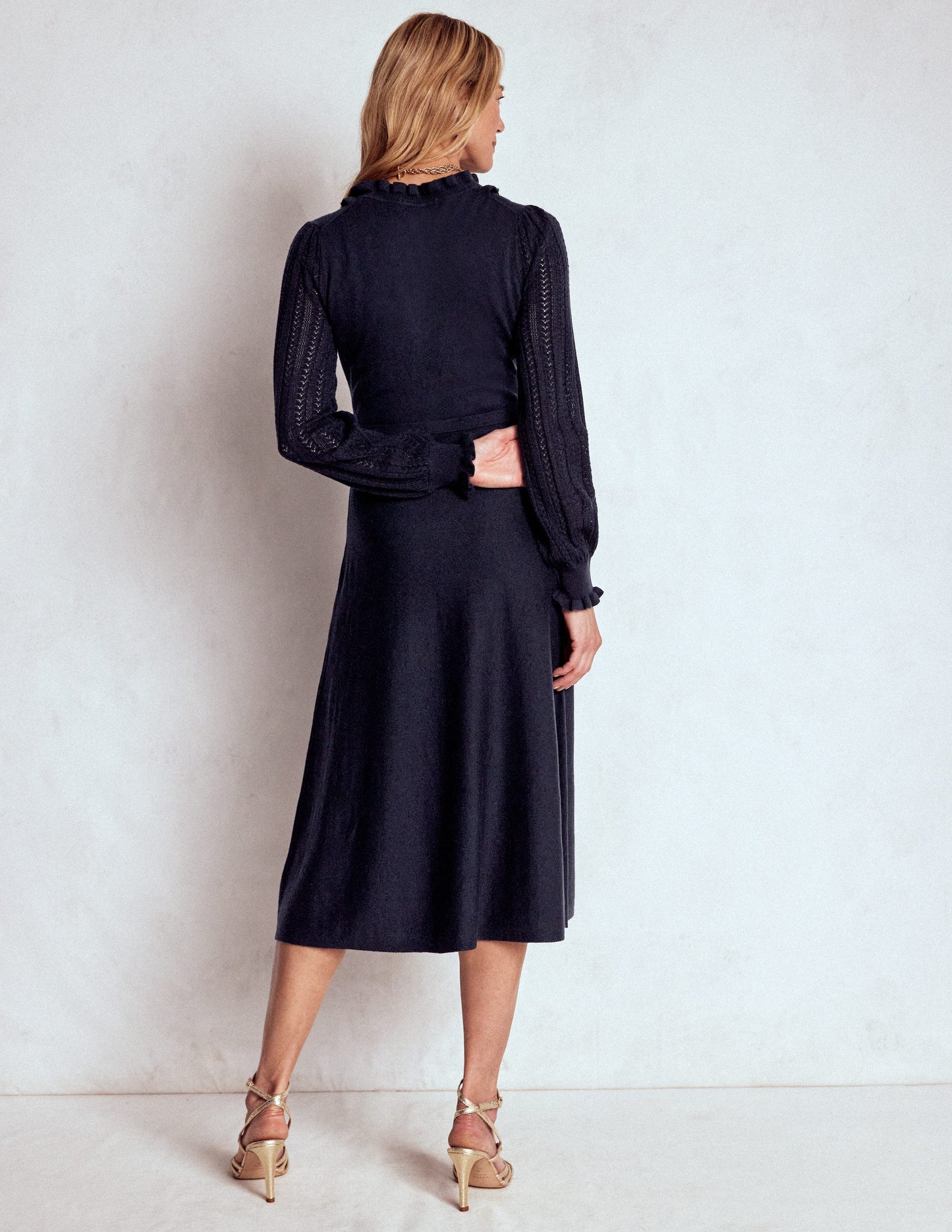Winifred Frilled Knitted Dress-Navy