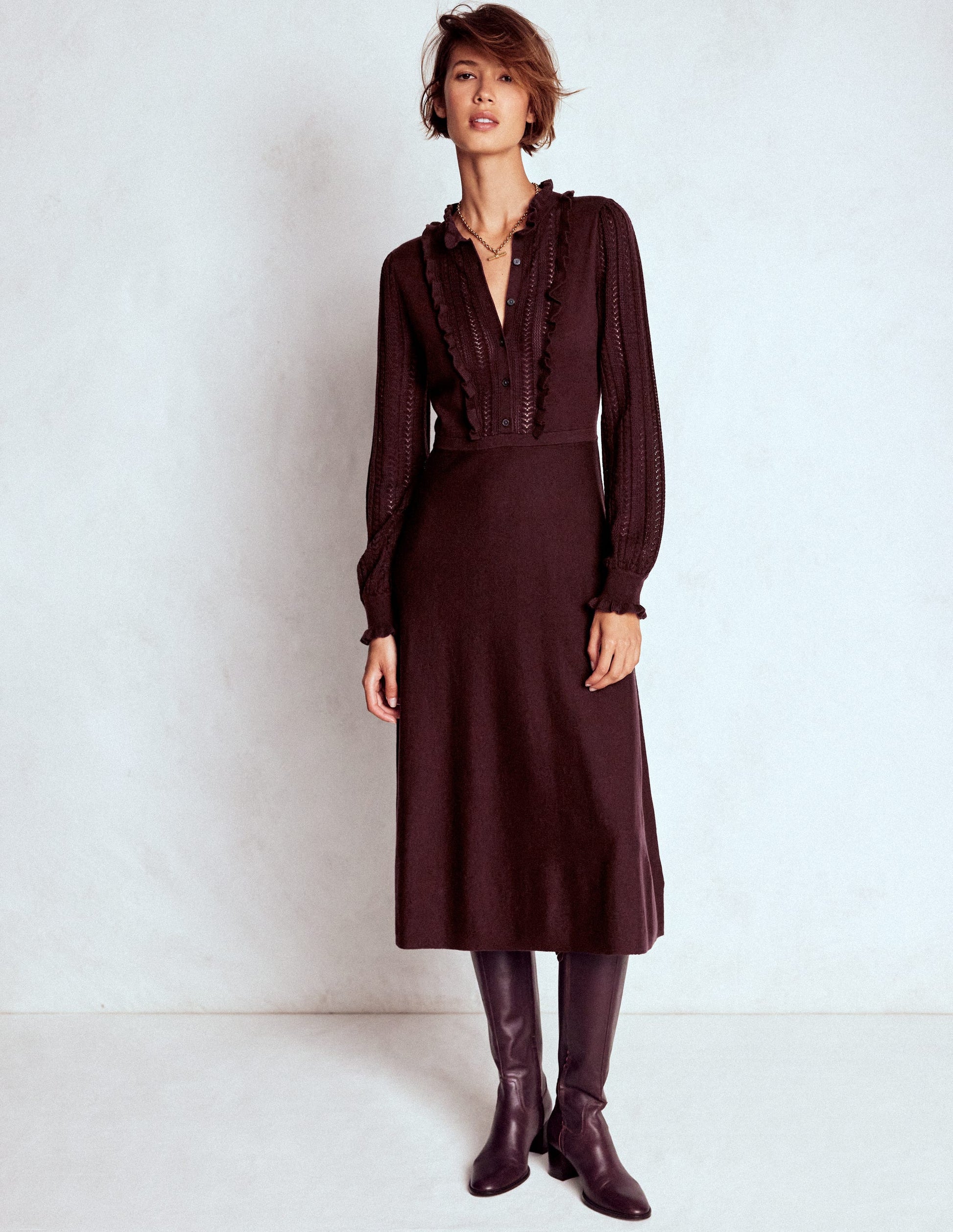 Winifred Frilled Knitted Dress-Coffee Bean-1