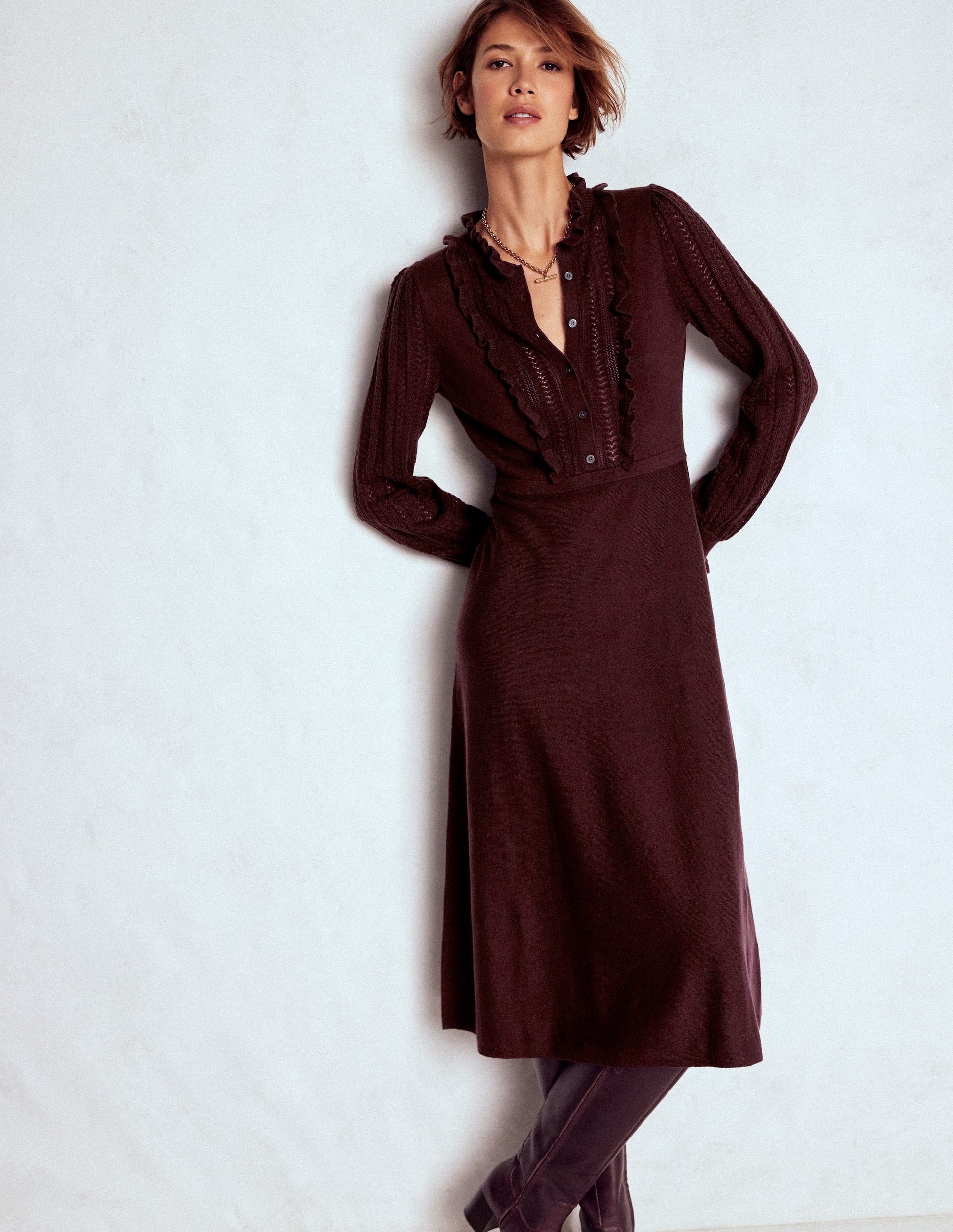 Winifred Frilled Knitted Dress-Coffee Bean-4