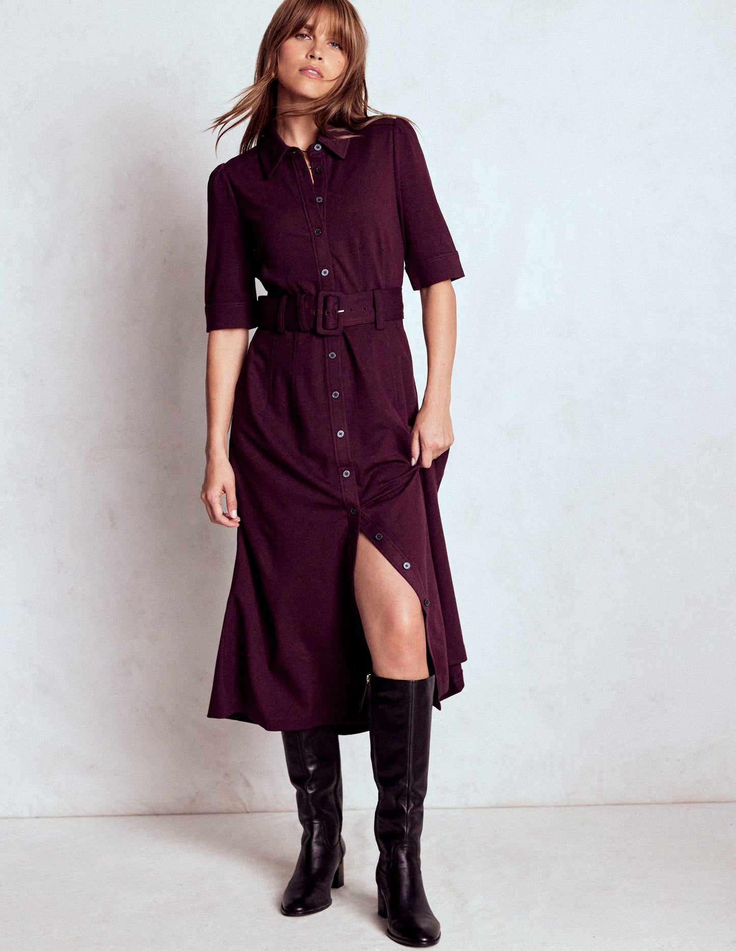 Anita Ponte Shirt Dress-Dark Cherry