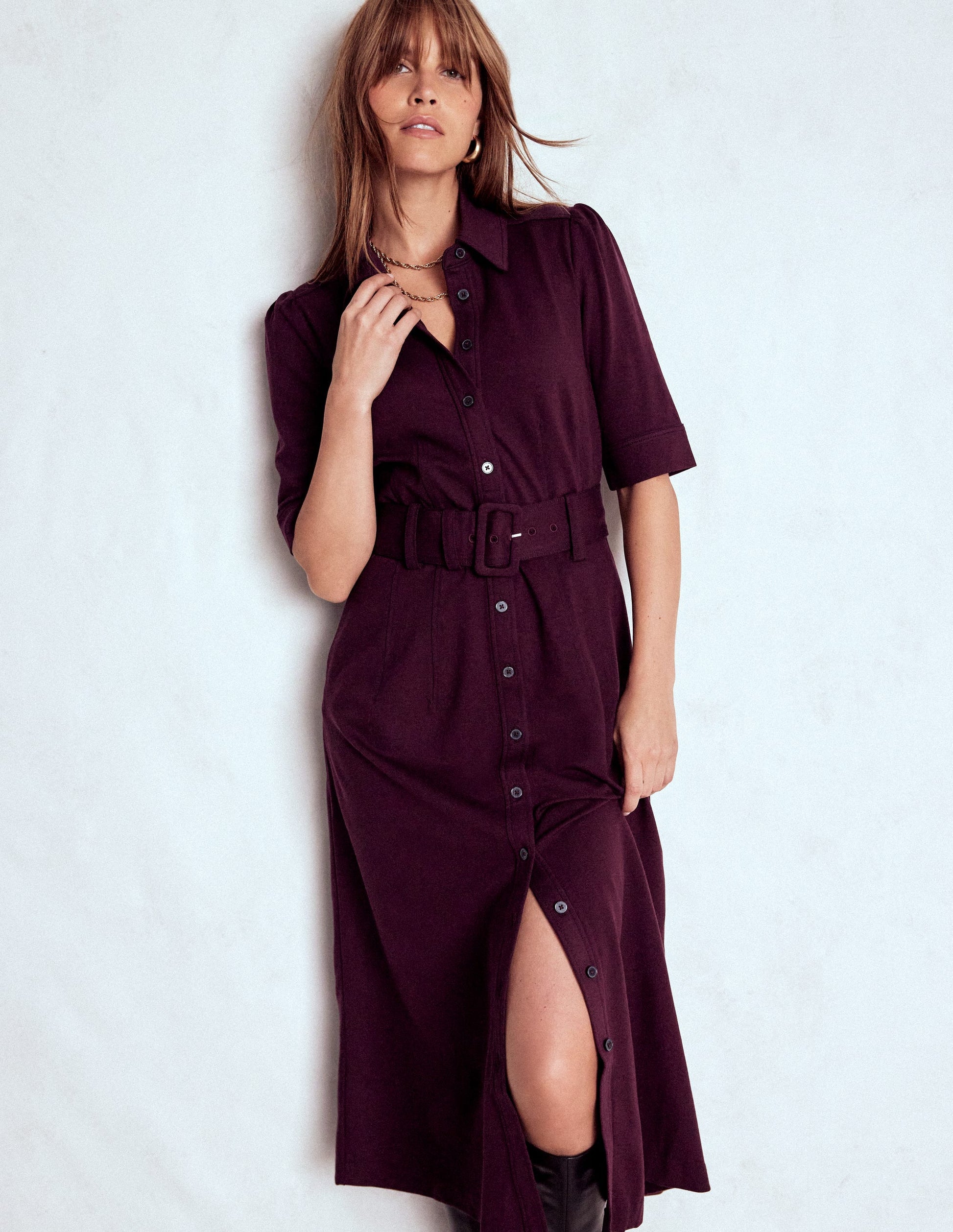 Anita Ponte Shirt Dress-Dark Cherry-5