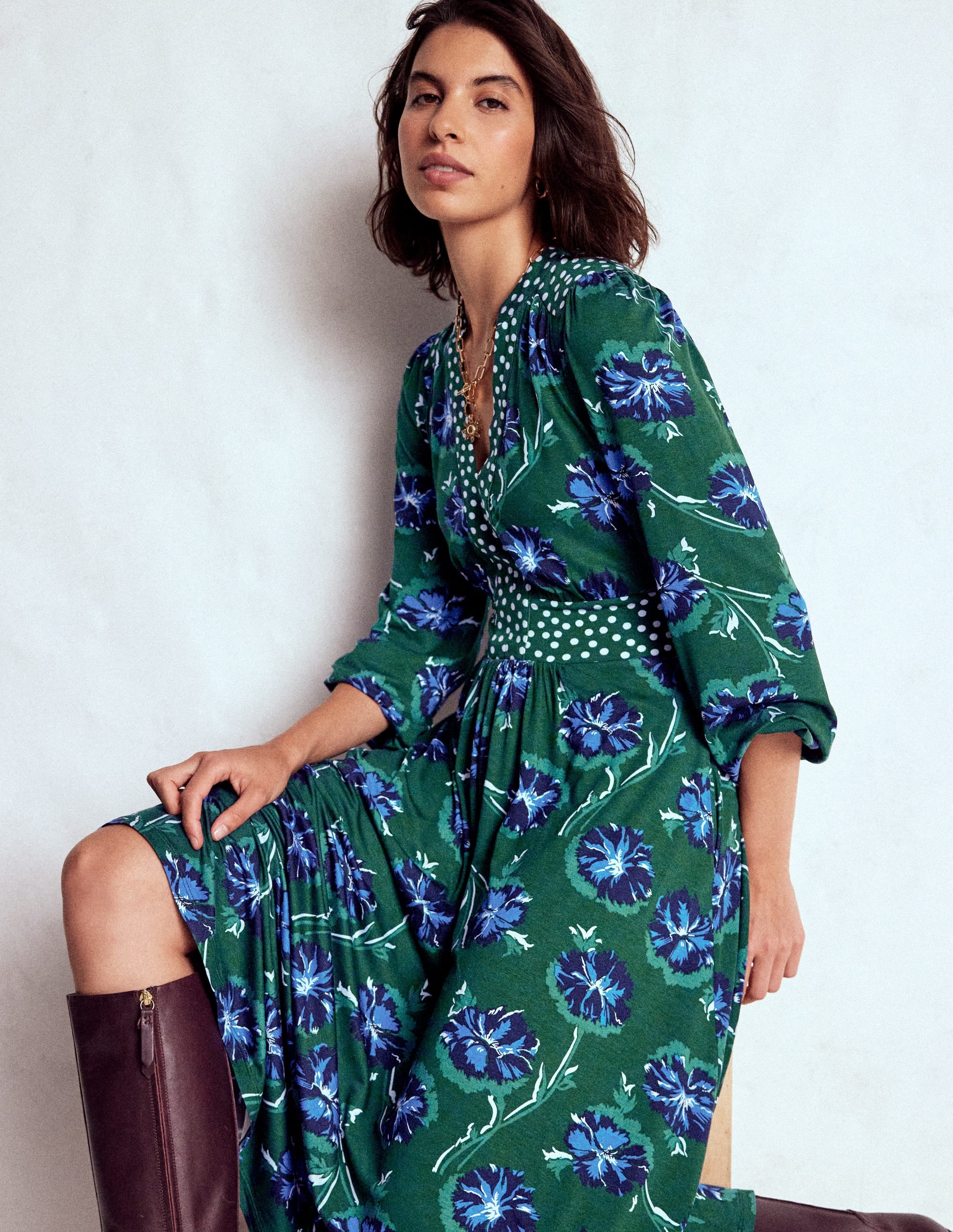 Lily Long Sleeve Midi Dress-Emerald, Delicate Carnation - Image 1