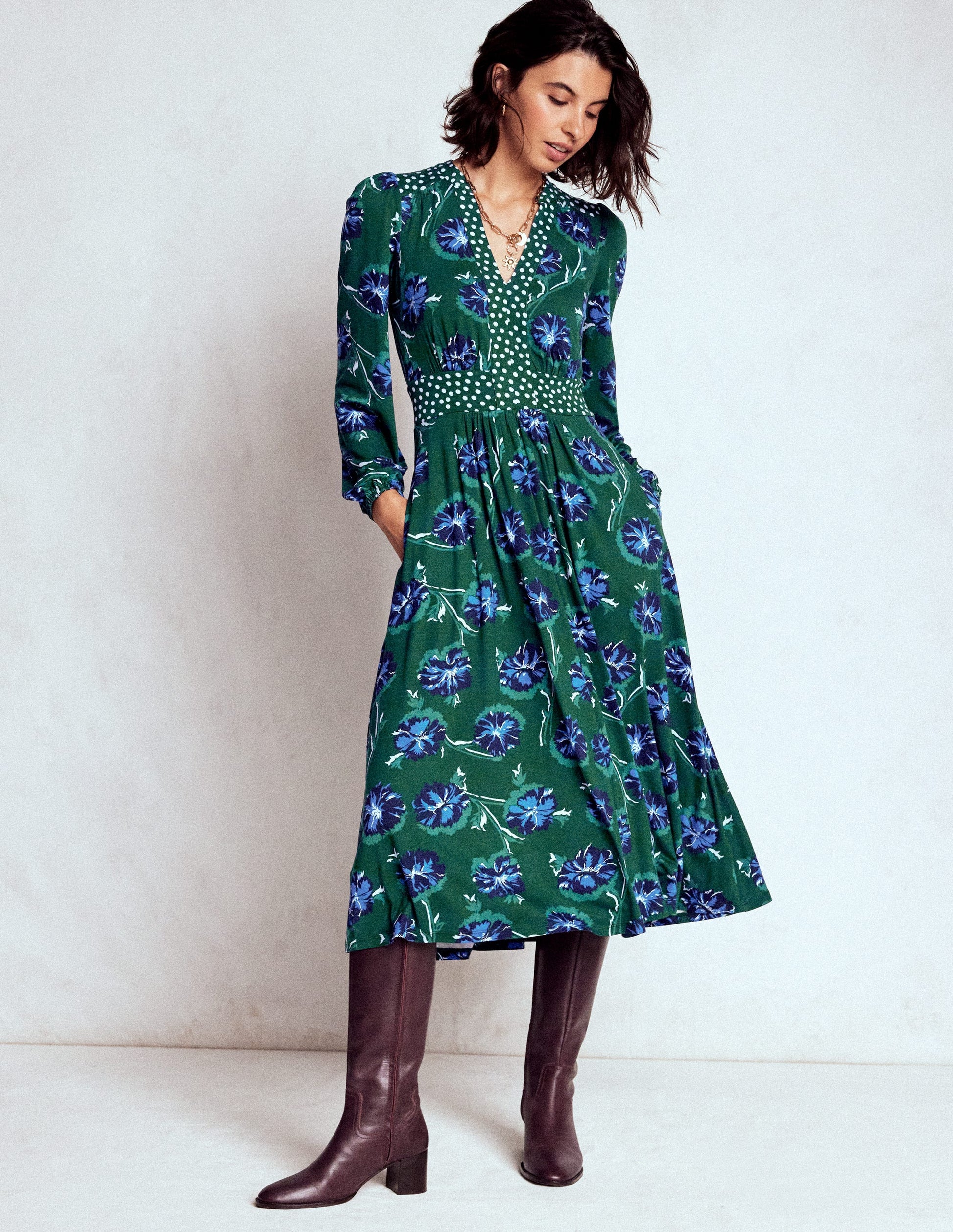 Lily Long Sleeve Midi Dress-Emerald, Delicate Carnation-4