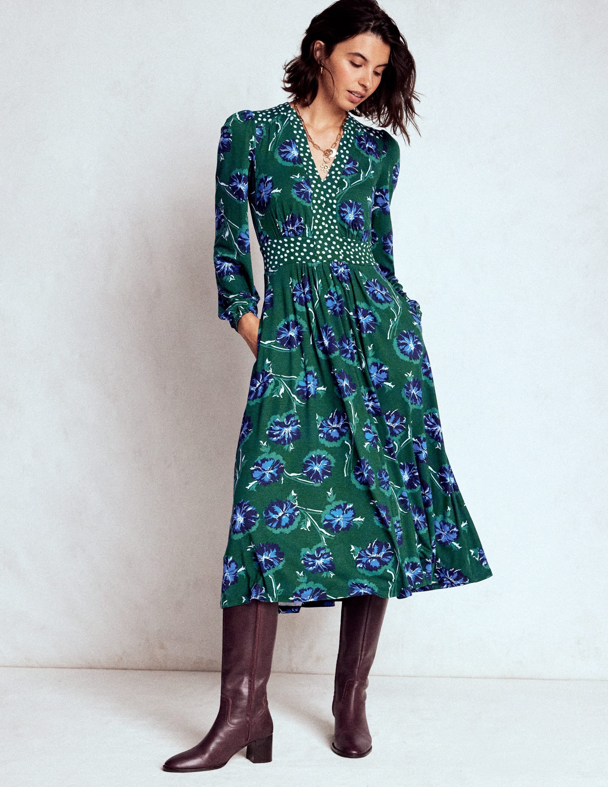 Lily Long Sleeve Midi Dress-Emerald, Delicate Carnation - Image 4
