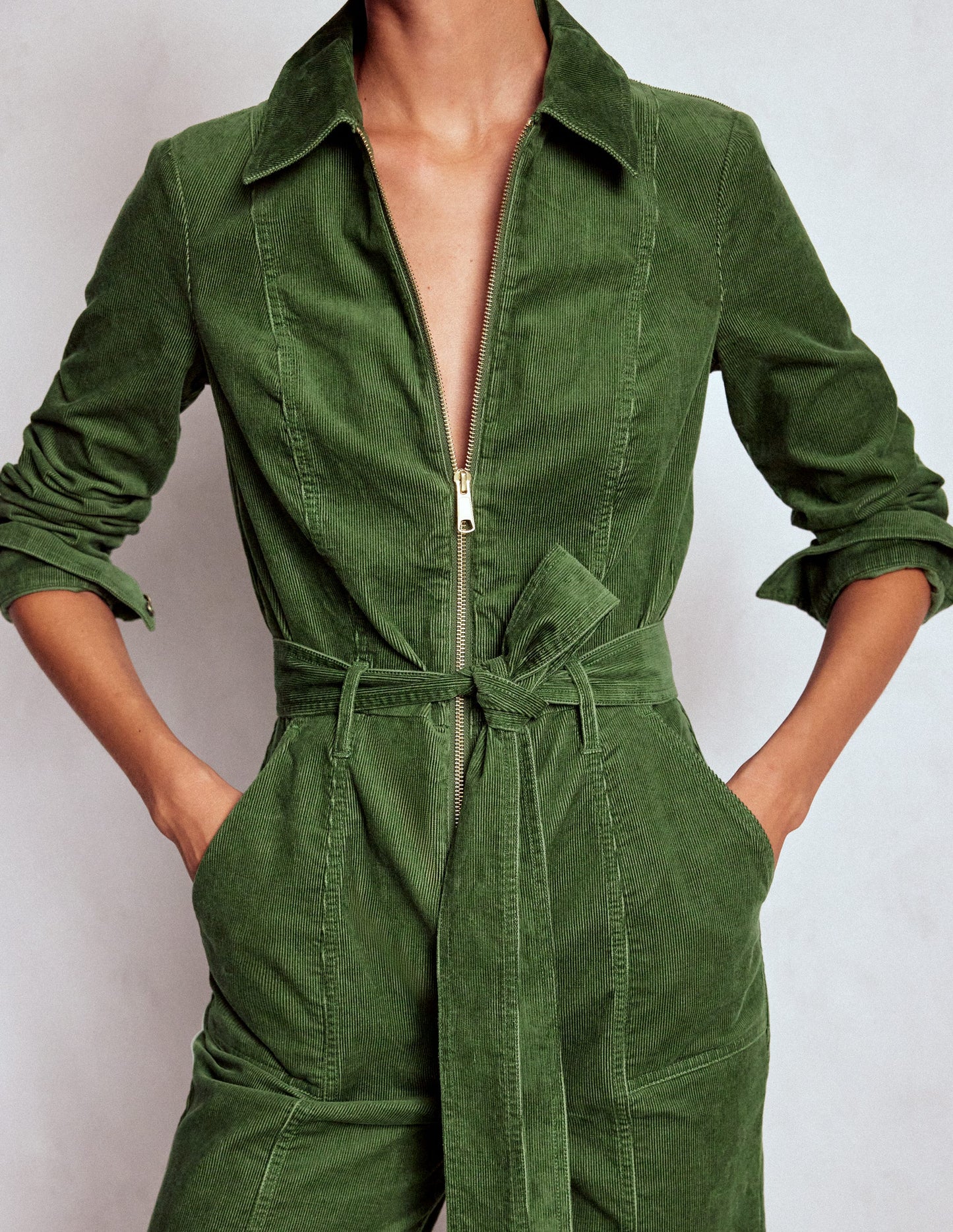 Zip Up Cord LS Jumpsuit-Fern