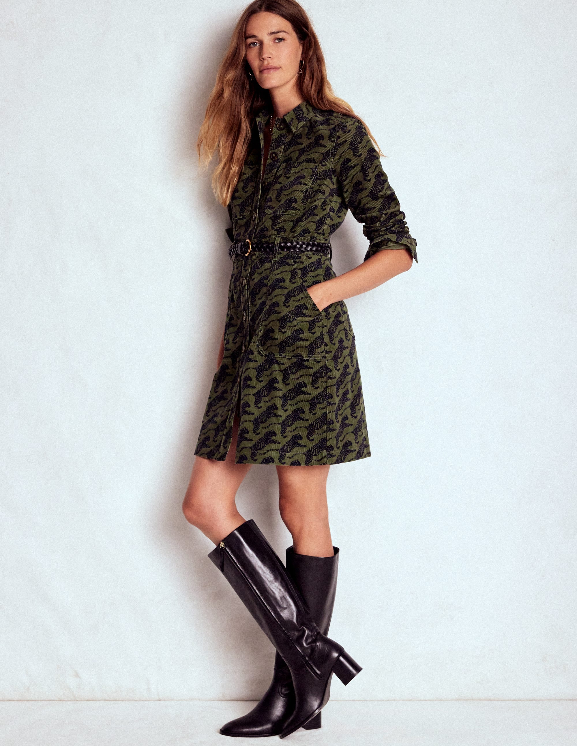 Amanda Cord Short Dress-Woodland Green, Leaping Tiger - Image 1