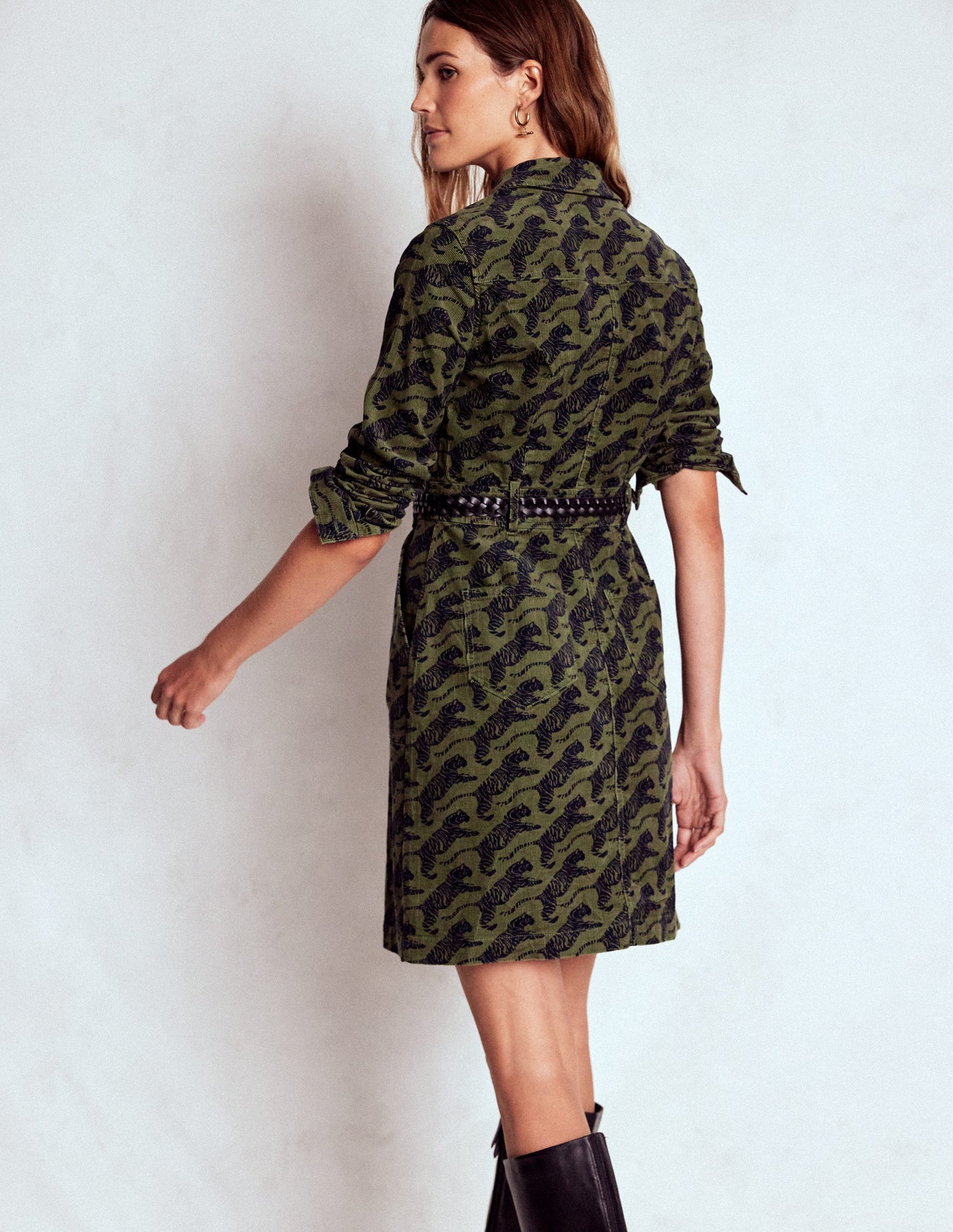 Amanda Cord Short Dress-Woodland Green, Leaping Tiger