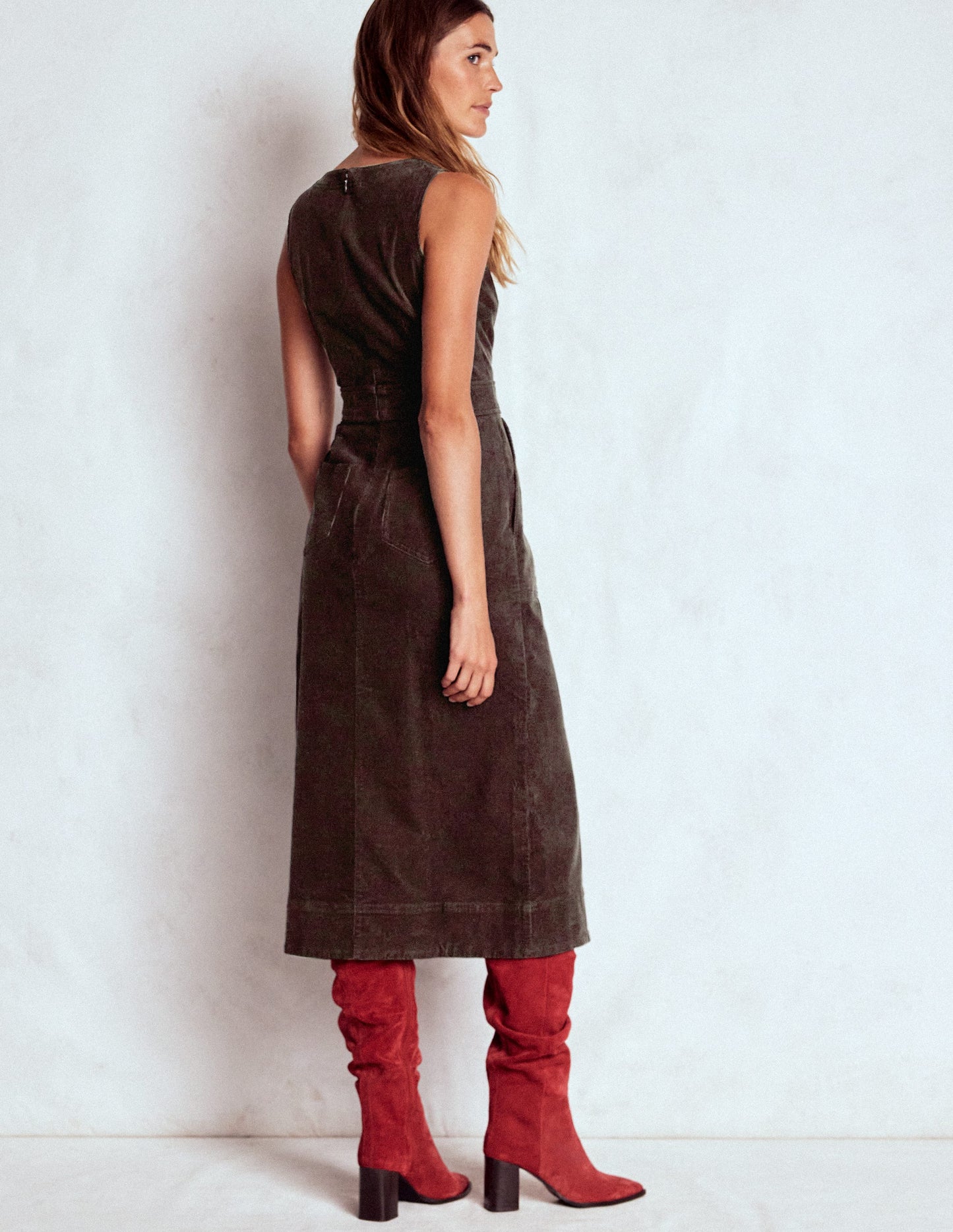 Ula Box Pleat Cord Midi Dress-Espresso