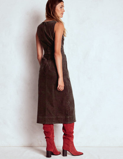Ula Box Pleat Cord Midi Dress-Espresso-3