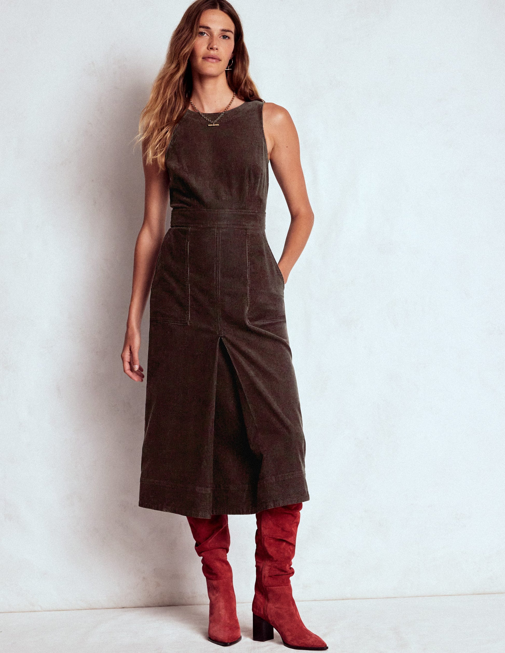 Ula Box Pleat Cord Midi Dress-Espresso-4