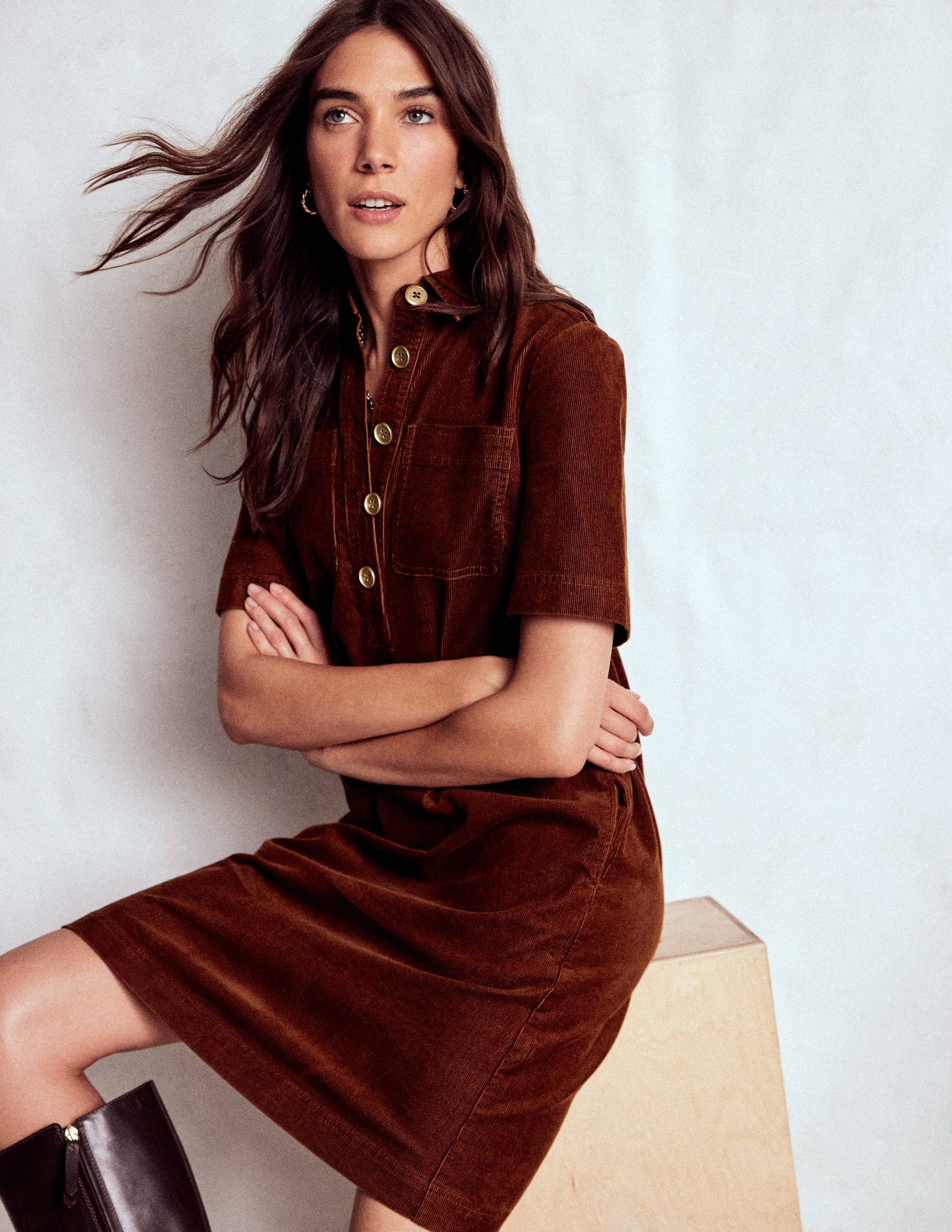 Zia Cord Pocket Shirt Dress-Copper Brown - Image 1