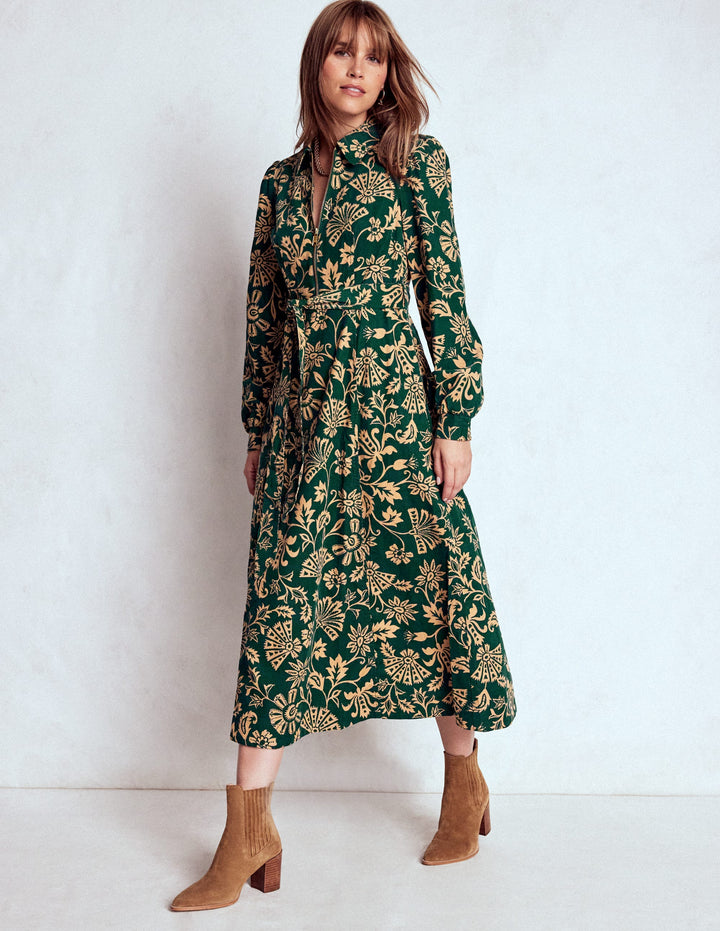 Adelaide Zip Cord Midi Dress-Emerald Night, Elaborate Vine