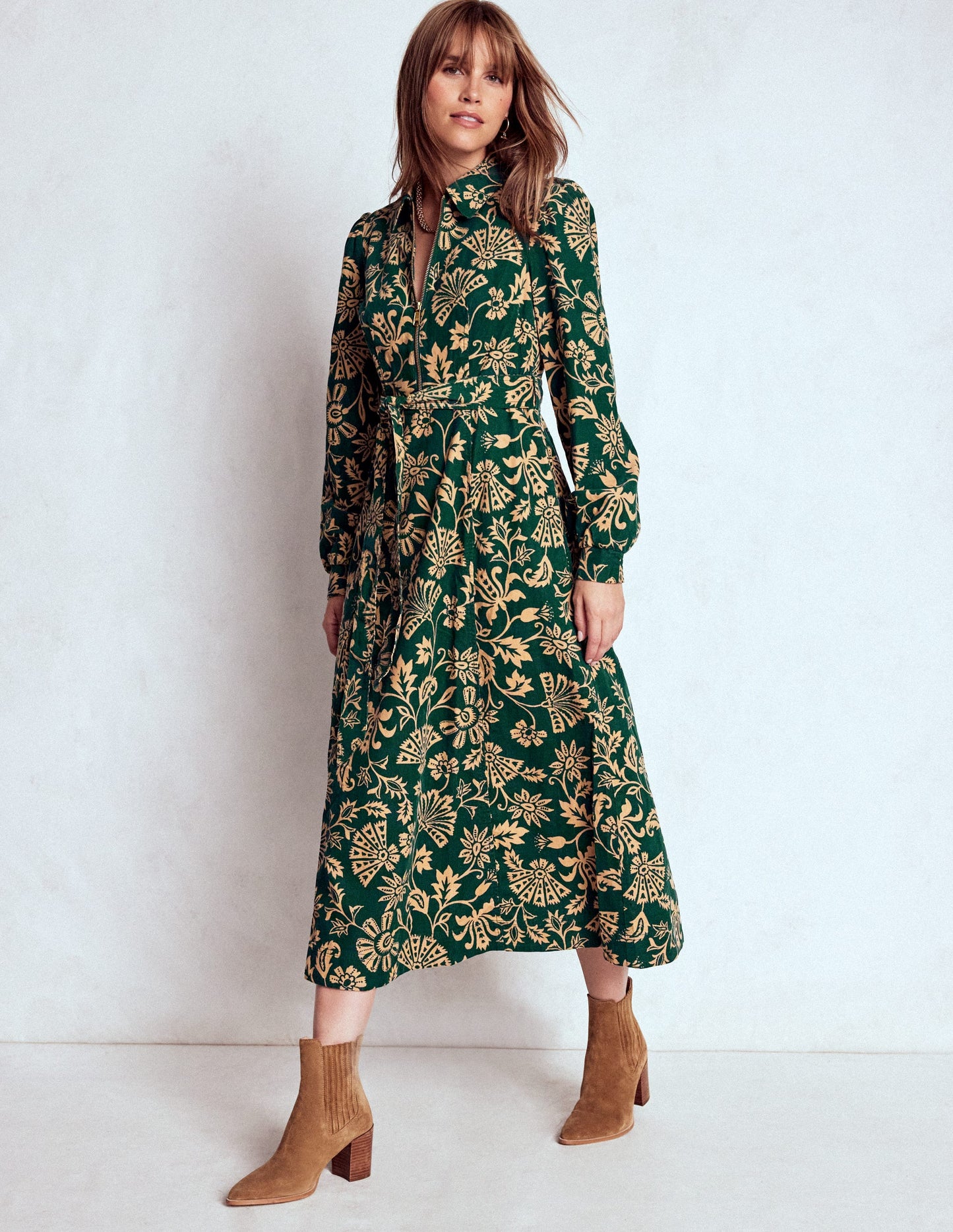Adelaide Zip Cord Midi Dress-Emerald Night, Elaborate Vine
