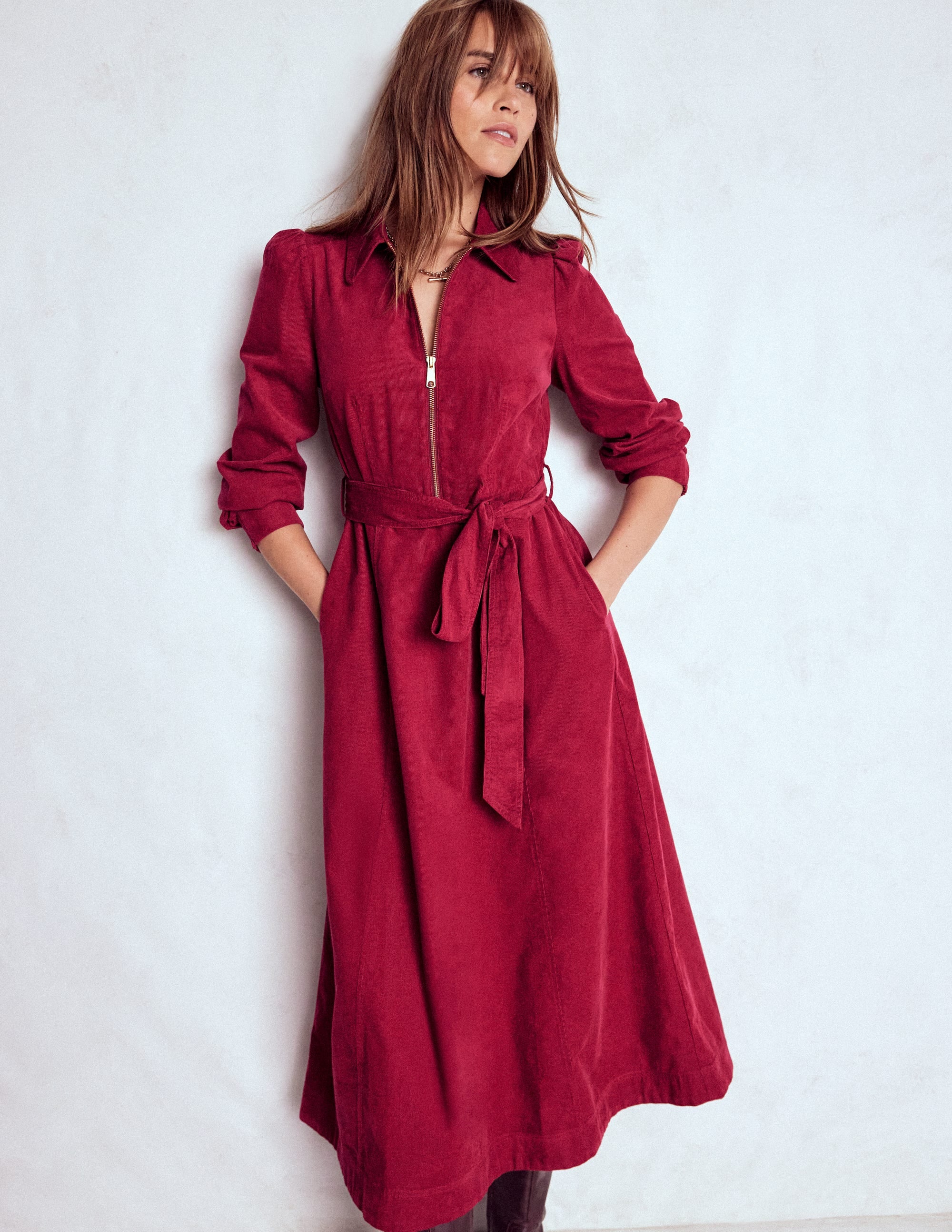 Adelaide Zip Cord Midi Dress-Burgundy Red - Image 1