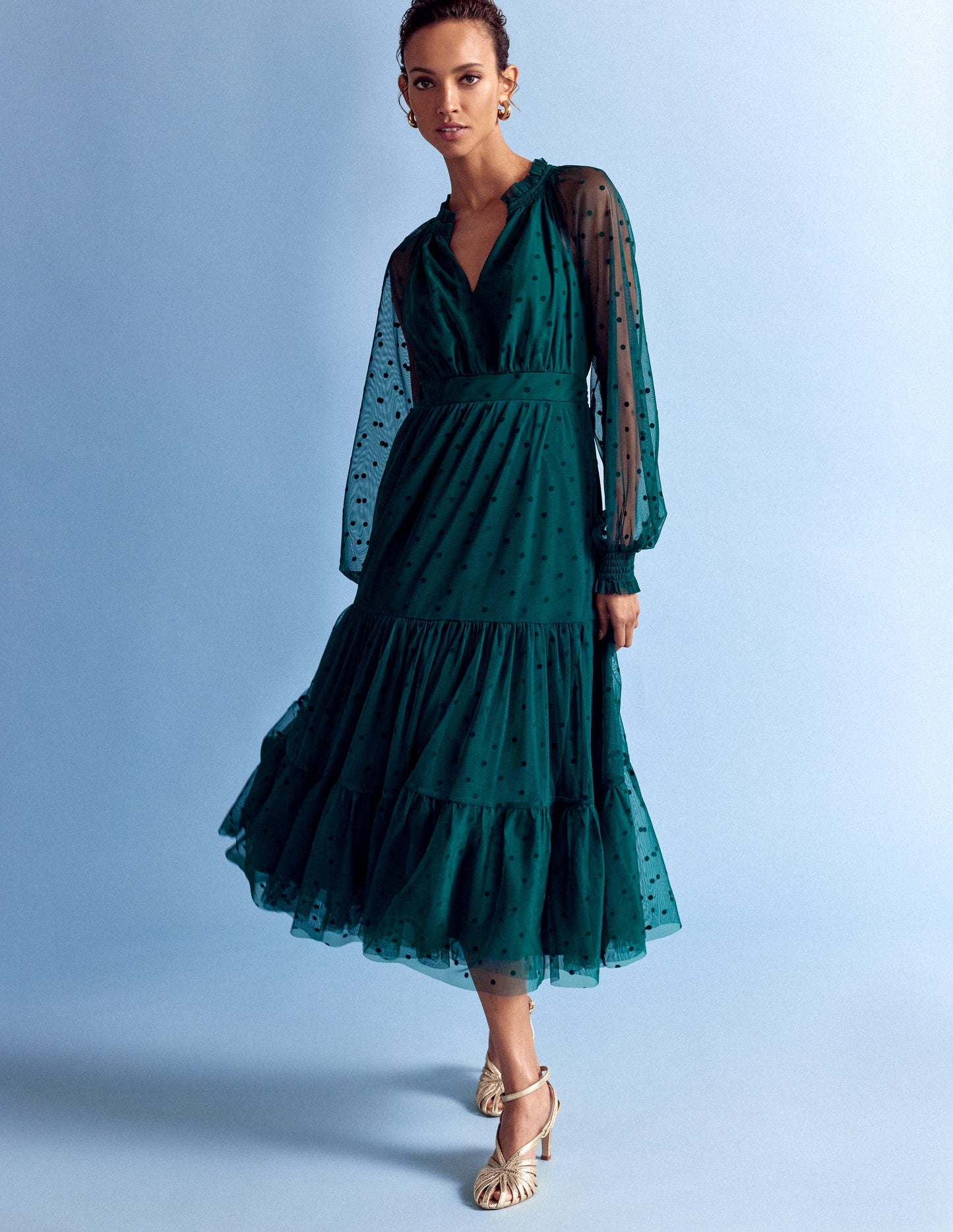 Lucille Tulle Midi Dress-Emerald Night