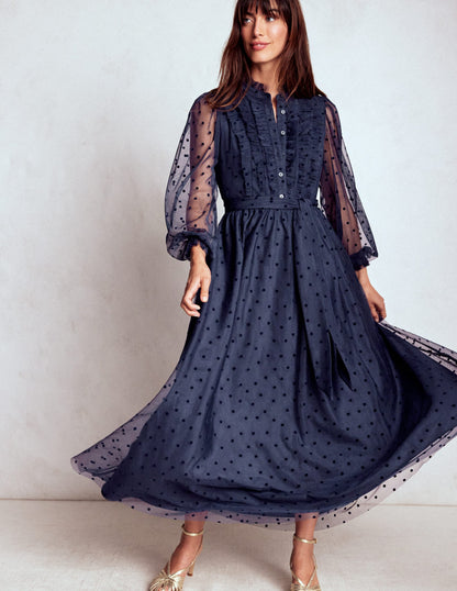 Tulle Ruffle Maxi Dress-Navy-1