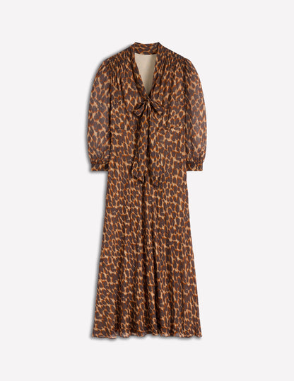 Brooke Tie Neck Tea Dress-Sand, Abstract Leopard Spot-6