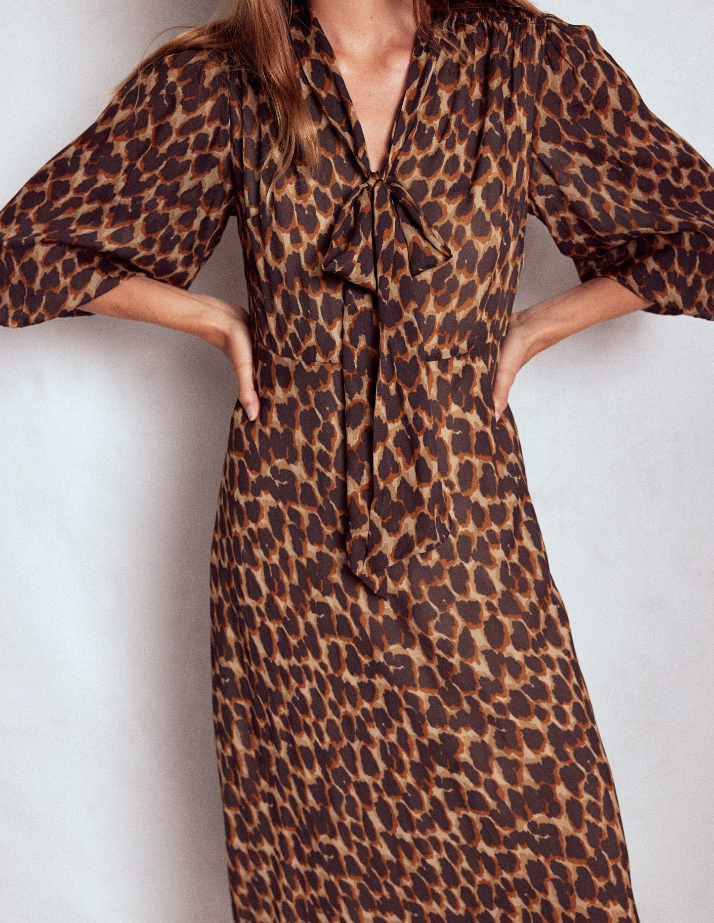 Brooke Tie Neck Tea Dress-Sand, Abstract Leopard Spot
