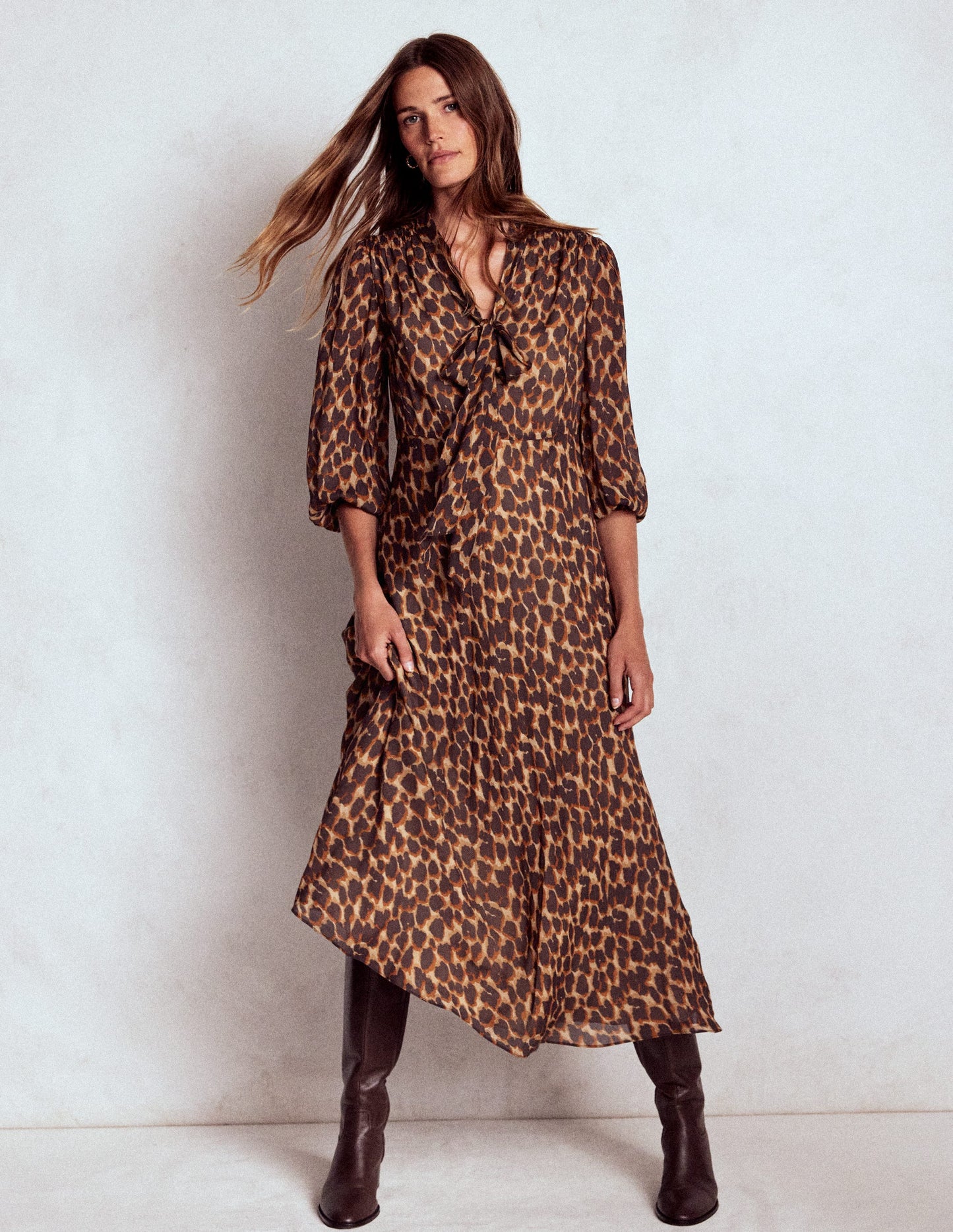 Brooke Tie Neck Tea Dress-Sand, Abstract Leopard Spot