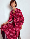 Brooke Tie Neck Tea Dress-Cranberry Red, Delicate Vine