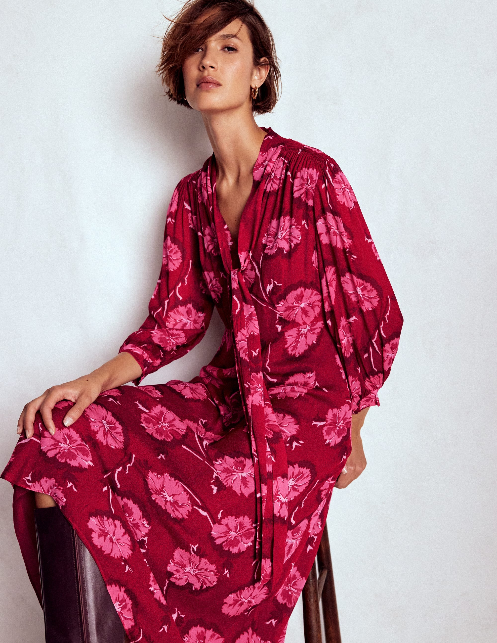 Brooke Tie Neck Tea Dress-Cranberry Red, Delicate Vine - Image 1