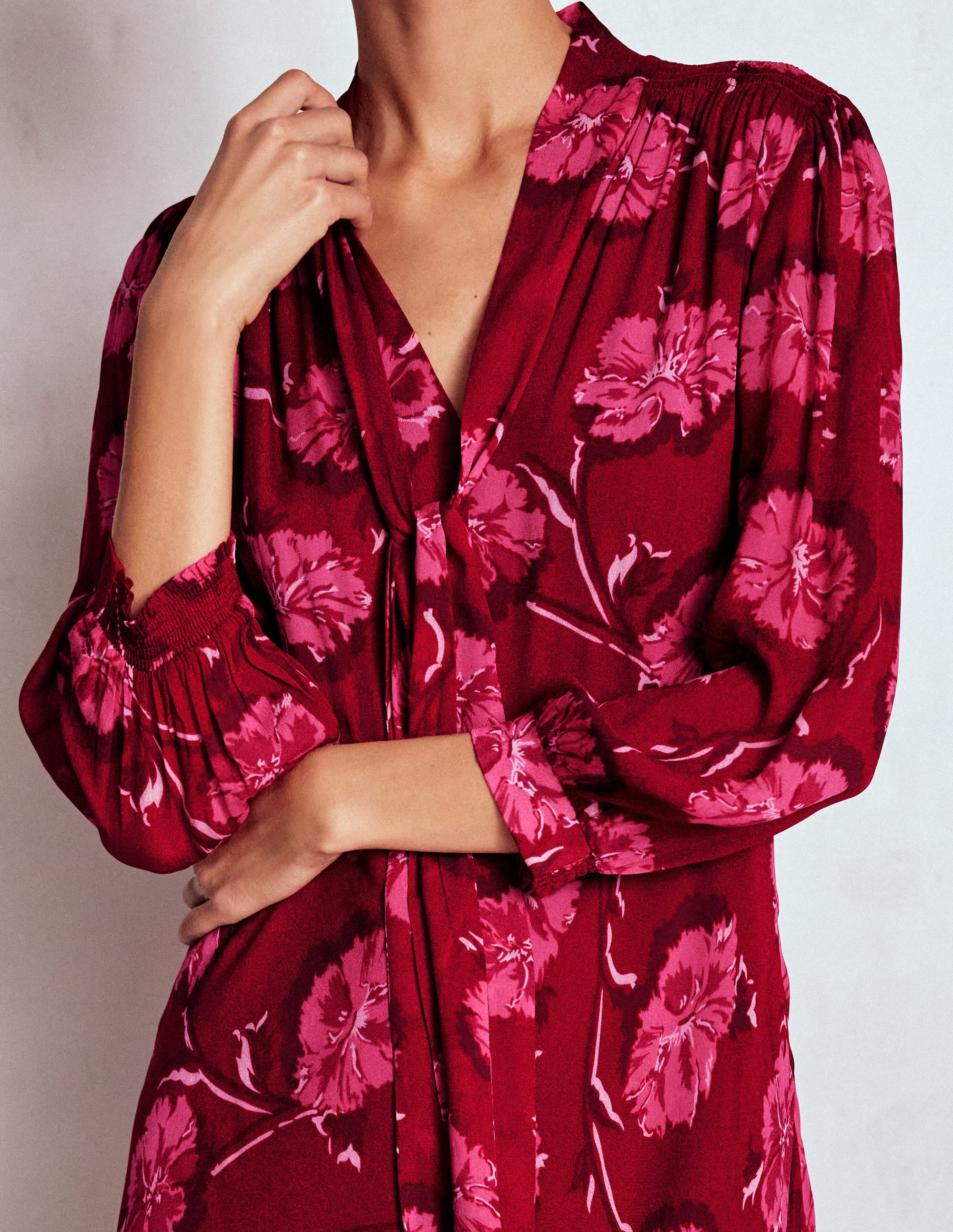 Brooke Tie Neck Tea Dress-Cranberry Red, Delicate Vine - Image 2