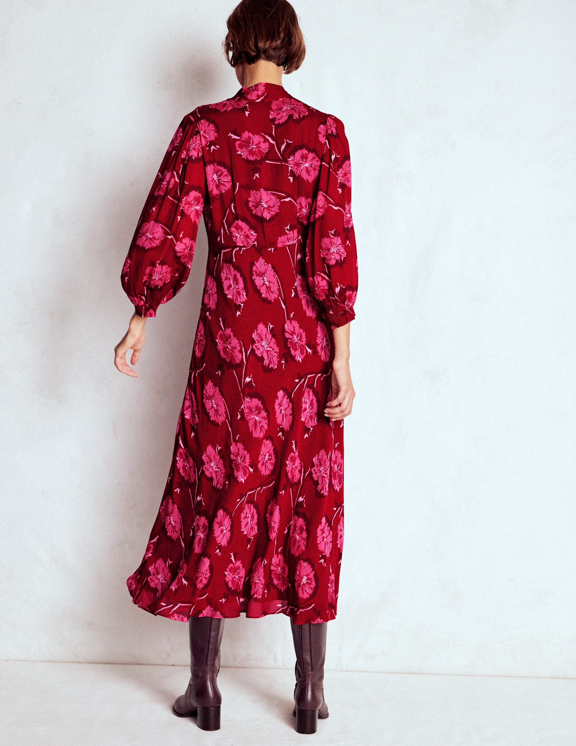 Brooke Tie Neck Tea Dress-Cranberry Red, Delicate Vine - Image 3