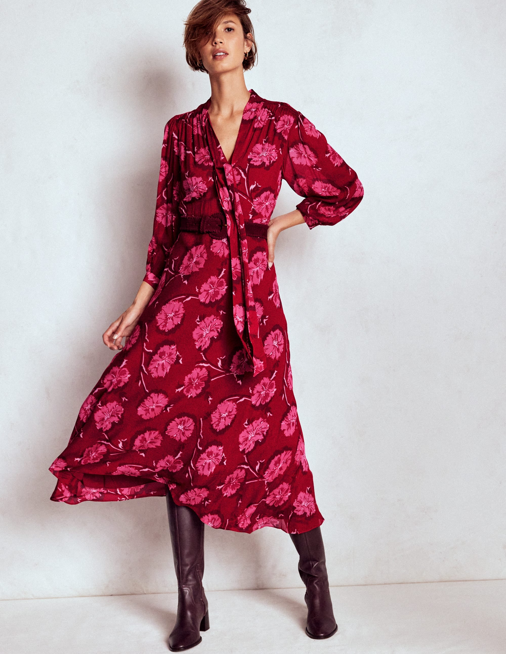 Brooke Tie Neck Tea Dress-Cranberry Red, Delicate Vine - Image 4
