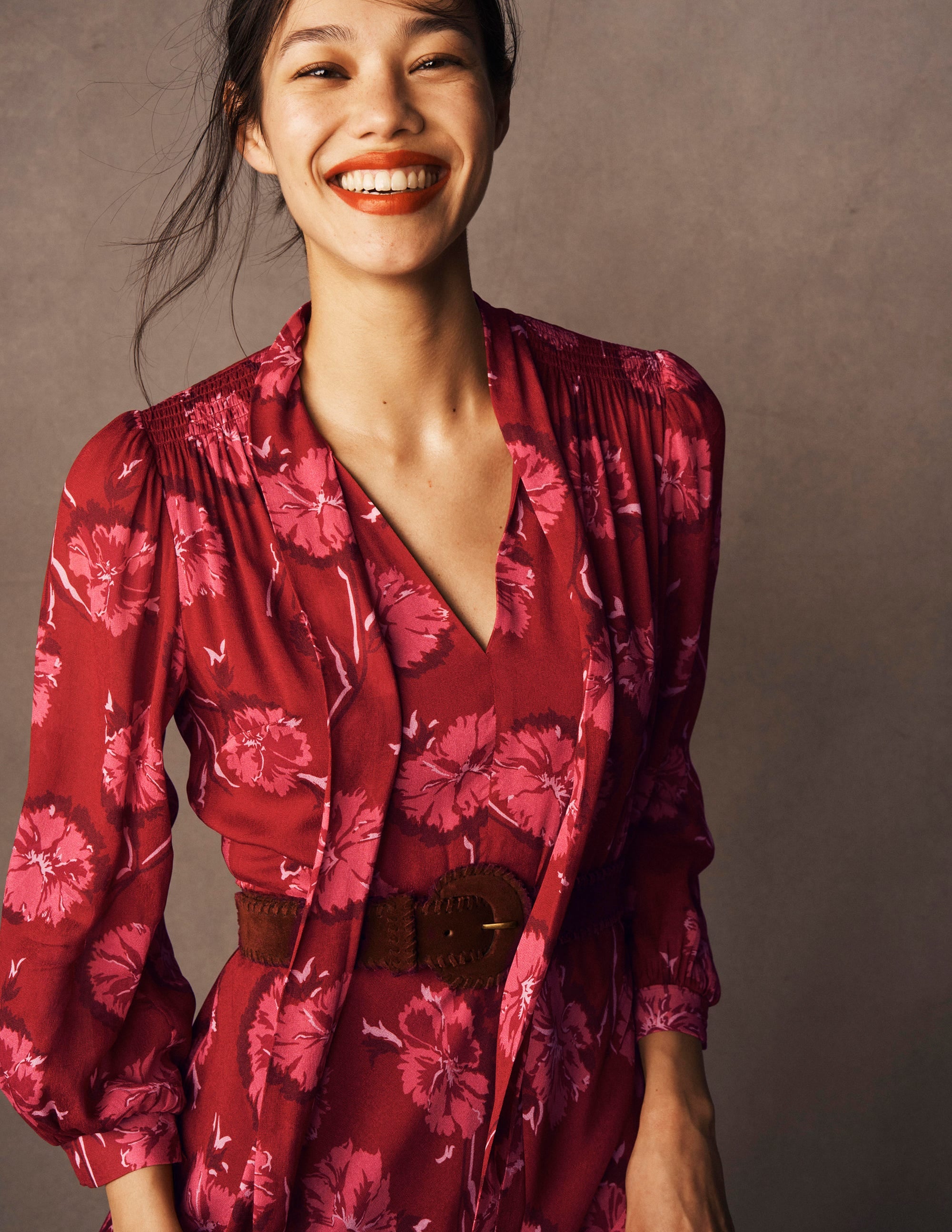 Brooke Tie Neck Tea Dress-Cranberry Red, Delicate Vine - Image 5