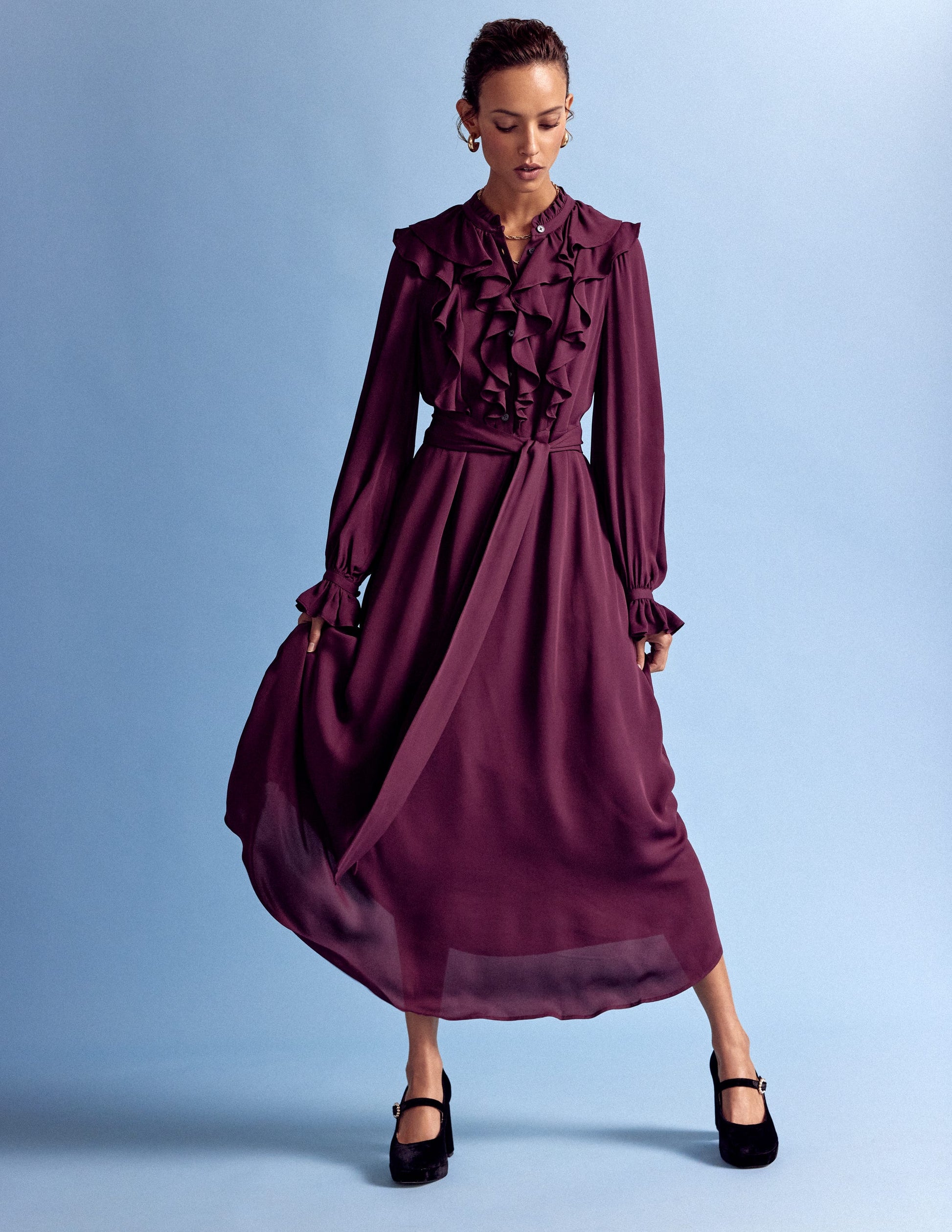 Ruffle Front Shirt Dress-Dark Cherry-5