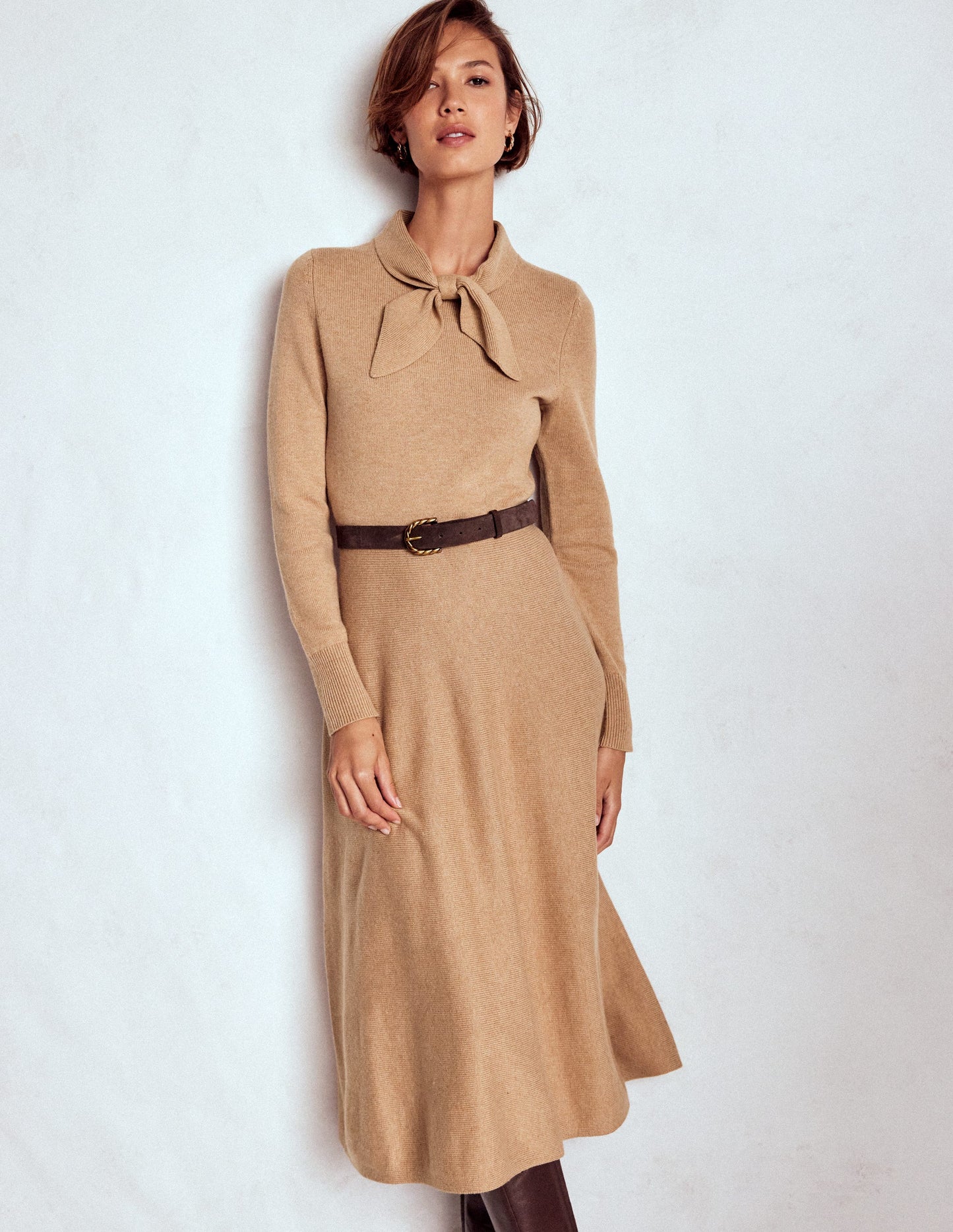 Knitted Bow Dress-Camel Melange