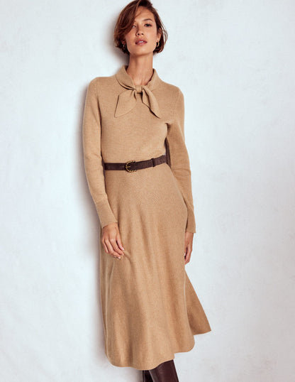 Knitted Bow Dress-Camel Melange-2