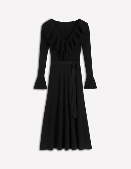 Ruffled Ribbed Dress-Black-5