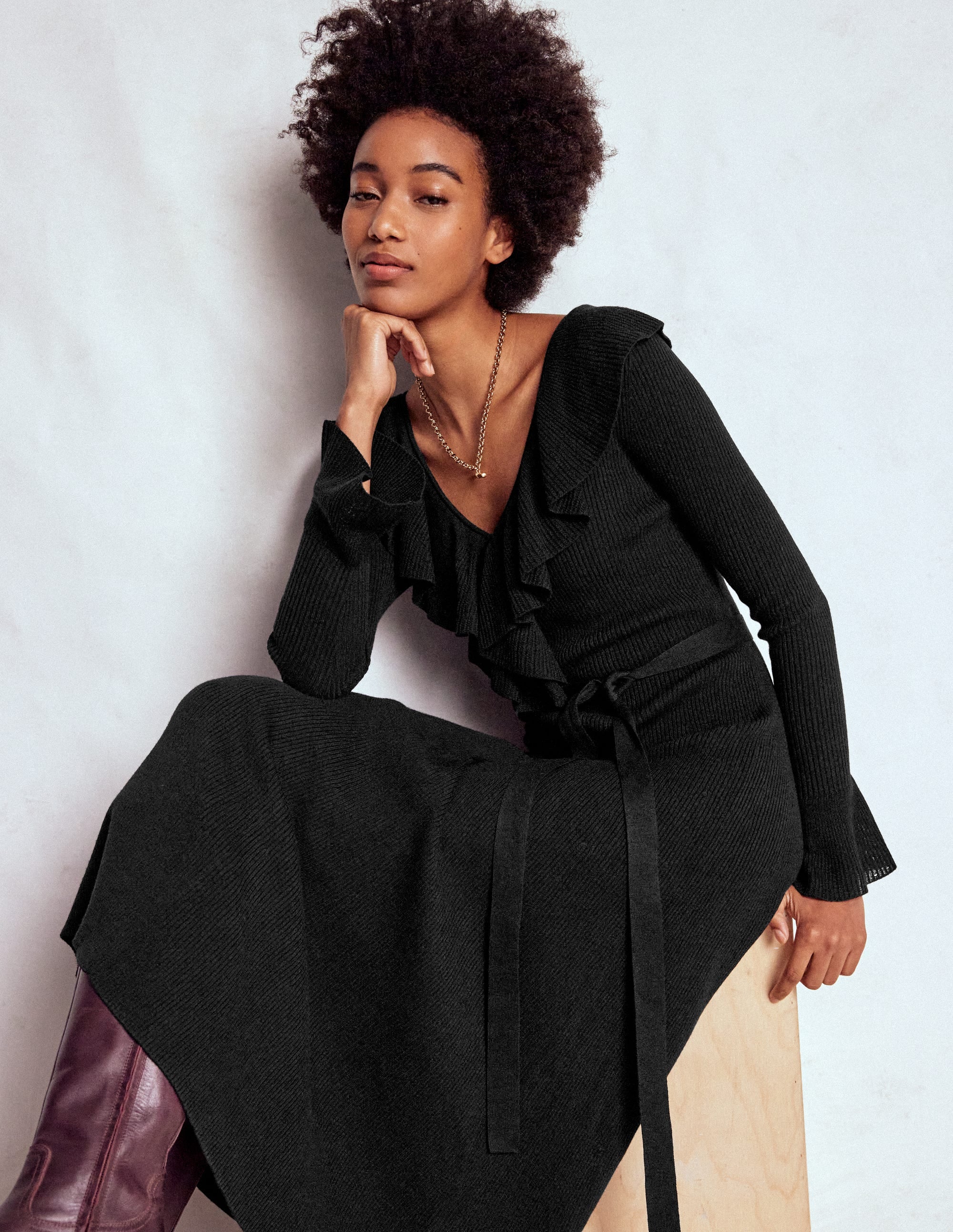 Ruffled Ribbed Dress-Black - Image 1